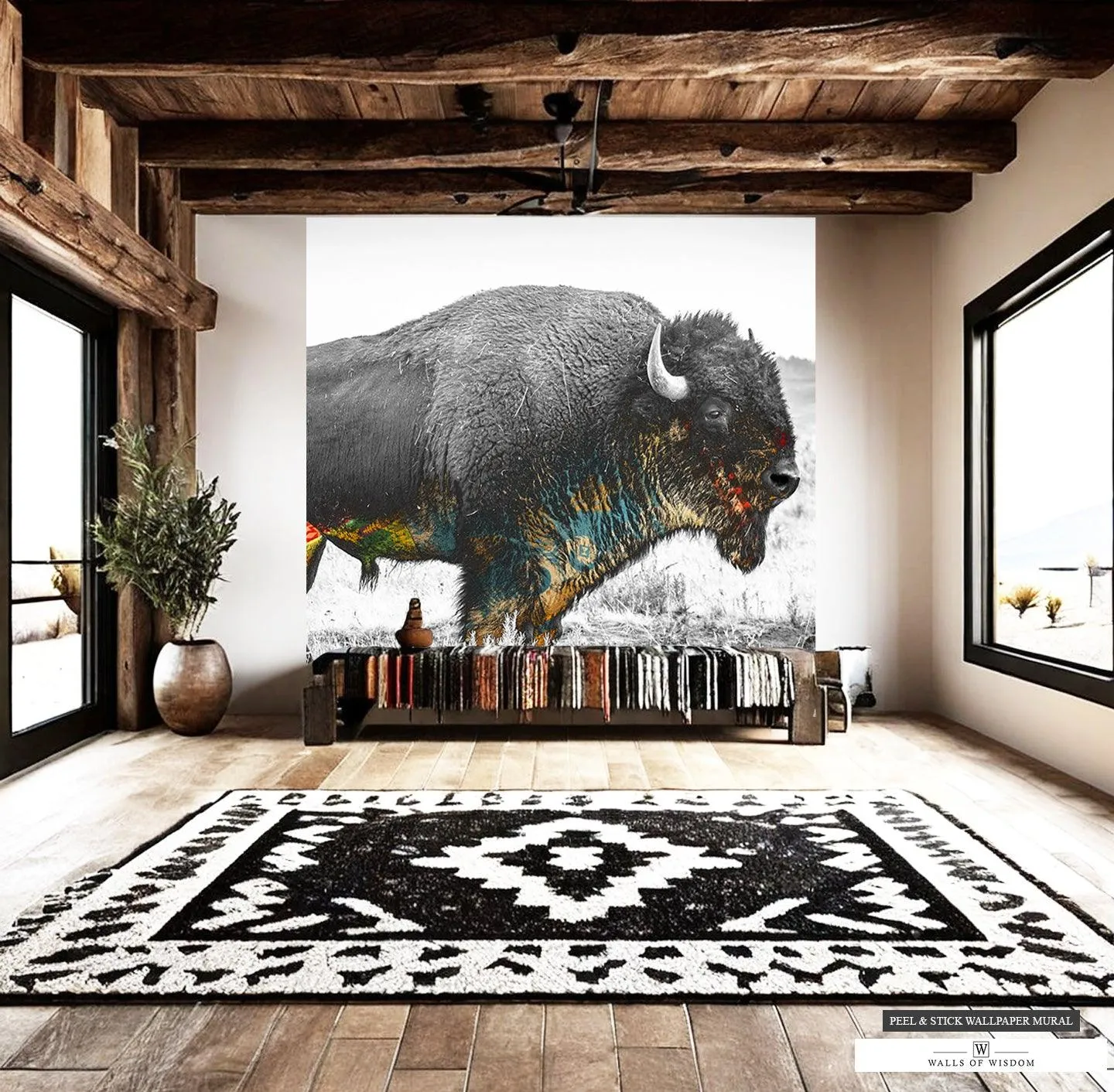 Native American Buffalo Mural - Western-Inspired Wall Art with Earth Tone Accents, Peel & Stick