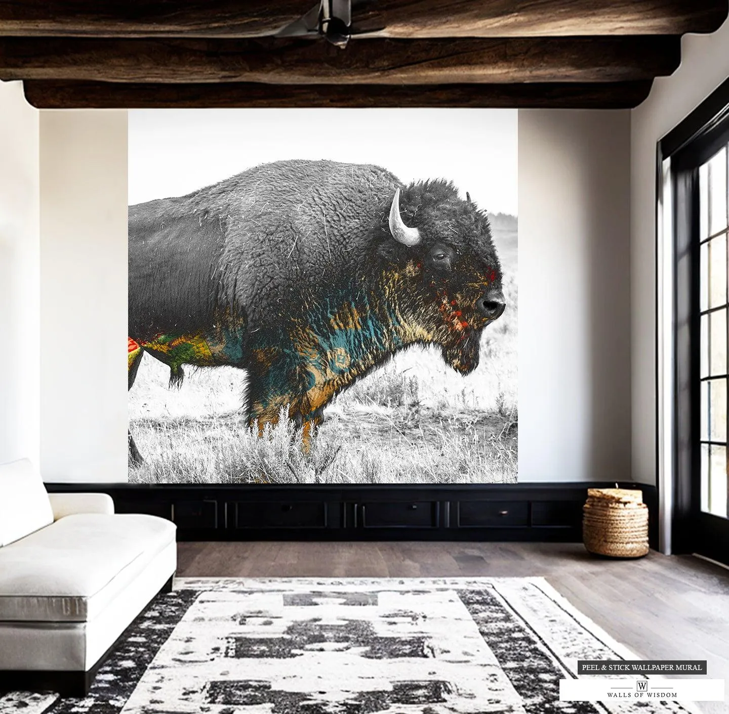 Native American Buffalo Mural - Western-Inspired Wall Art with Earth Tone Accents, Peel & Stick