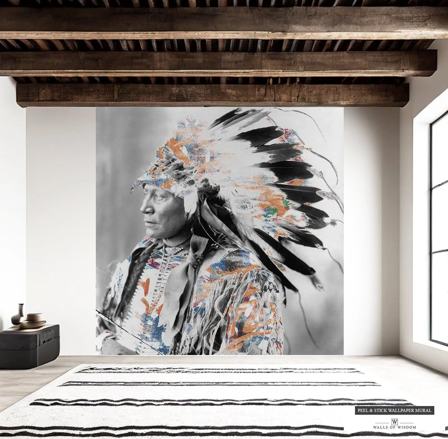 Native American Chief Mural - Vintage Indian Headdress Art, Peel & Stick Wallpaper