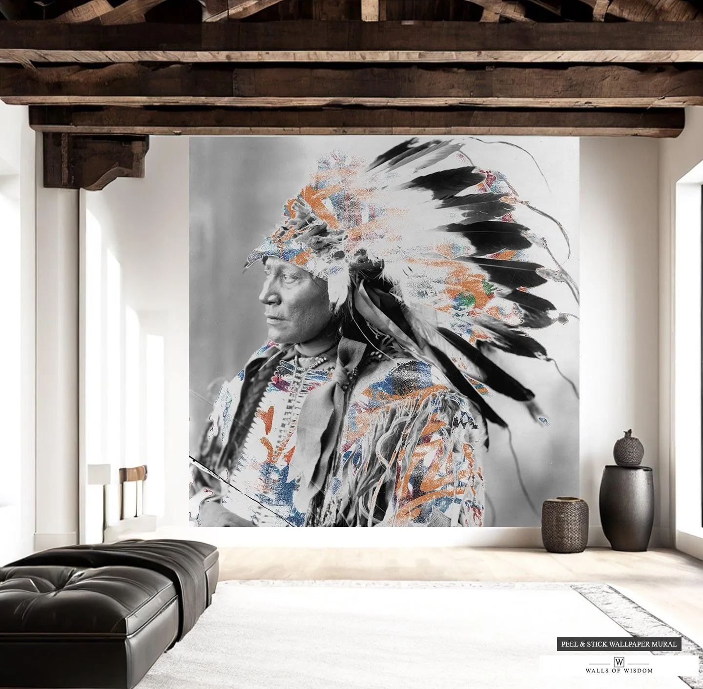 Native American Chief Mural - Vintage Indian Headdress Art, Peel & Stick Wallpaper