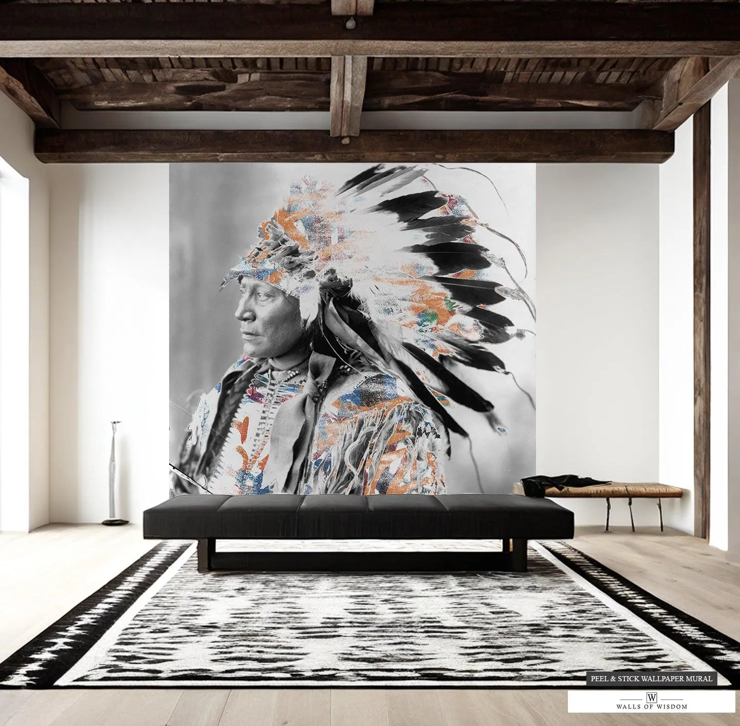 Native American Chief Mural - Vintage Indian Headdress Art, Peel & Stick Wallpaper