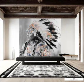 Native American Chief Mural - Vintage Indian Headdress Art, Peel & Stick Wallpaper