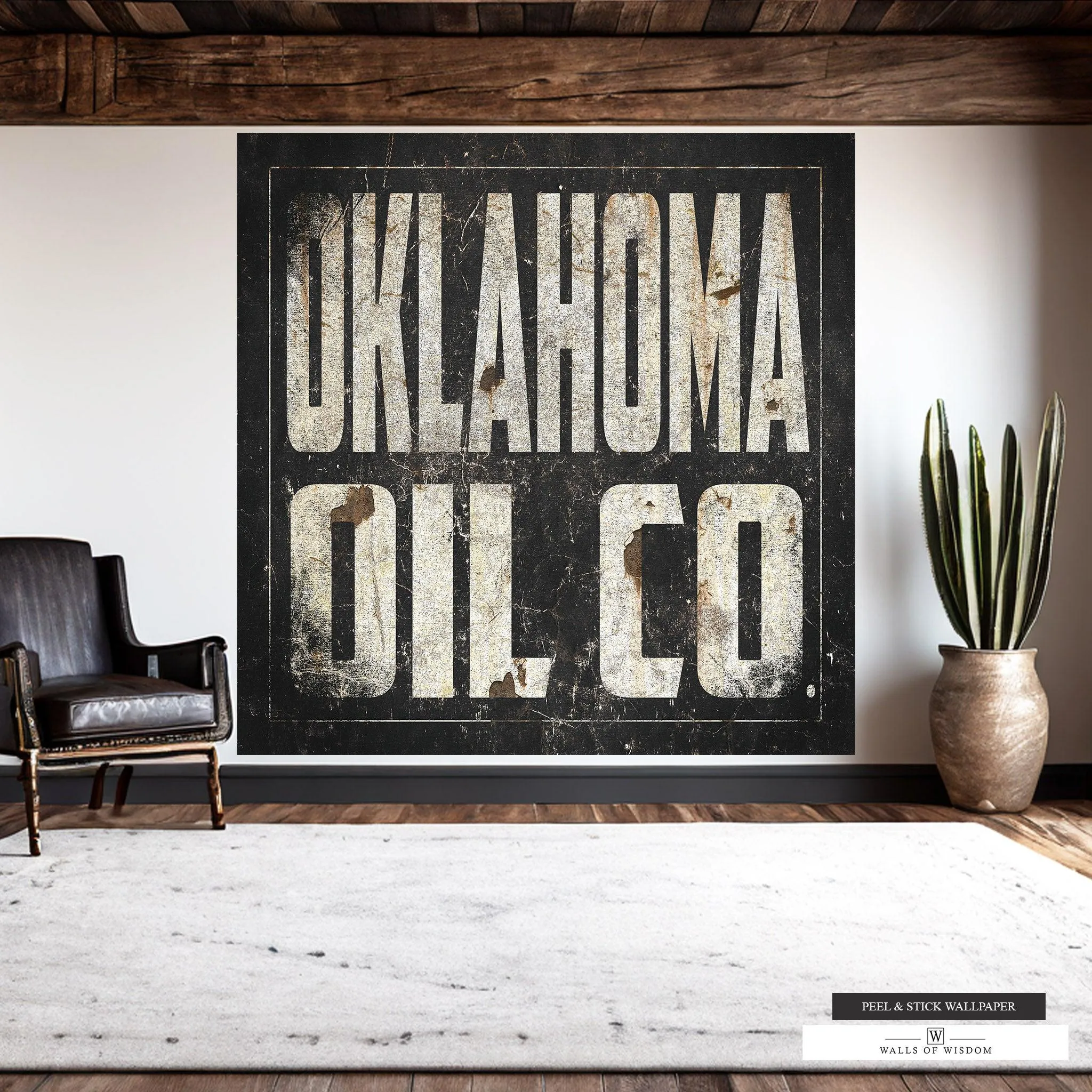 Oklahoma Oil Co Vintage Wallpaper Mural – Large Wall Art, Rustic Sign, Peel and Stick, Removable