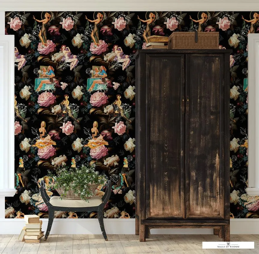 Pinup Girl & Moody Dark Pink Rose Wallpaper - Easy Peel and Stick