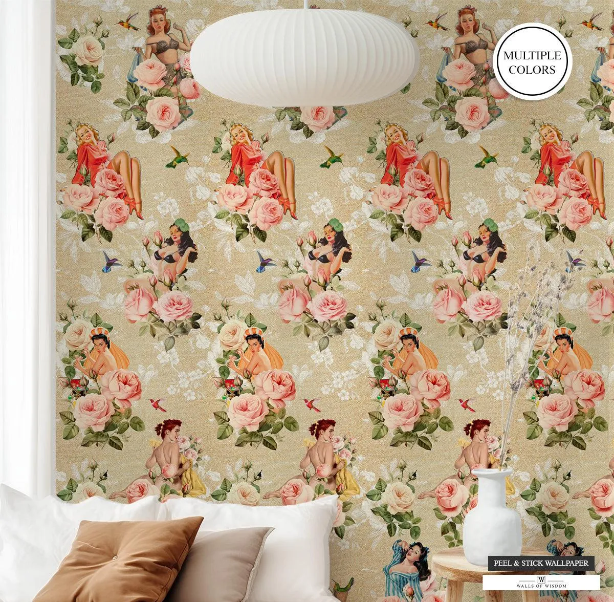 Pinup Girl & Moody Pink Rose Hummingbird Wallpaper - Retro Peel & Stick Decor