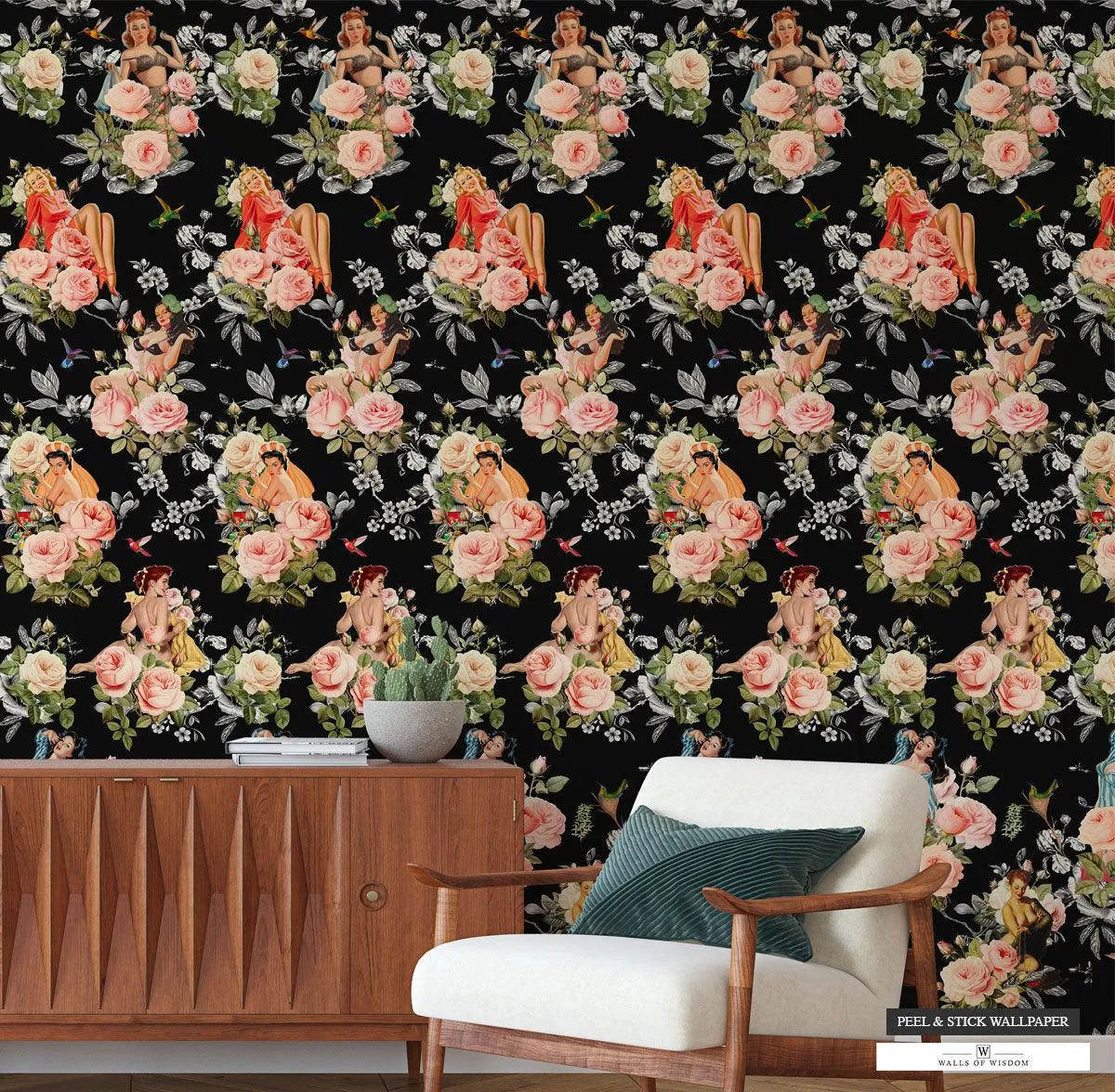 Pinup Girl & Moody Pink Rose Hummingbird Wallpaper - Retro Peel & Stick Decor