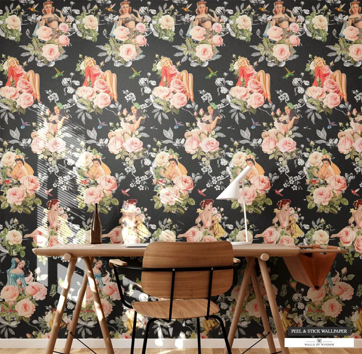 Pinup Girl & Moody Pink Rose Hummingbird Wallpaper - Retro Peel & Stick Decor