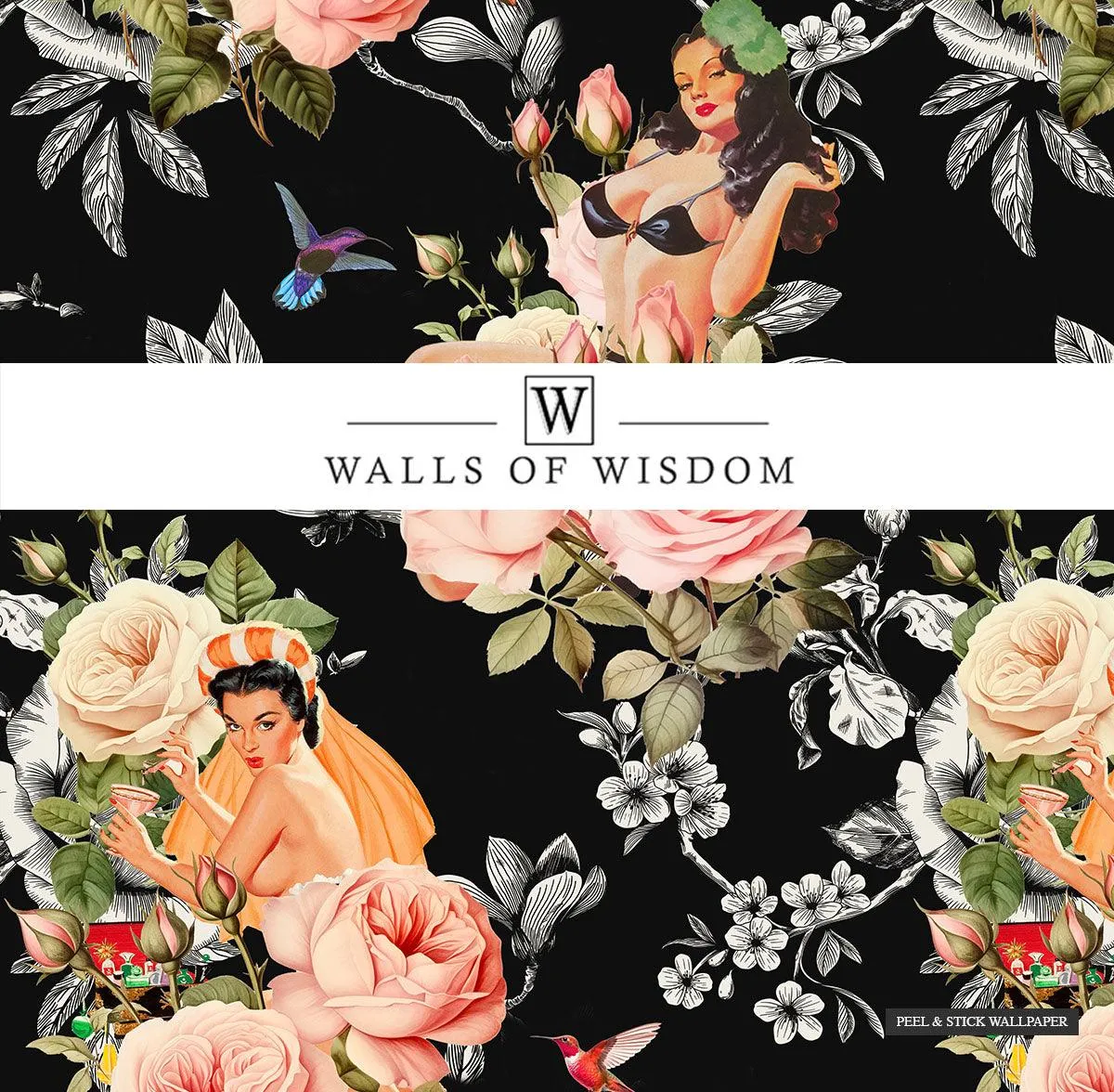 Pinup Girl & Moody Pink Rose Hummingbird Wallpaper - Retro Peel & Stick Decor