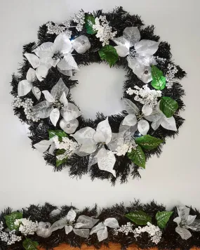 Pre-Lit Decorated Wreath, Black/Silver, 60 cm