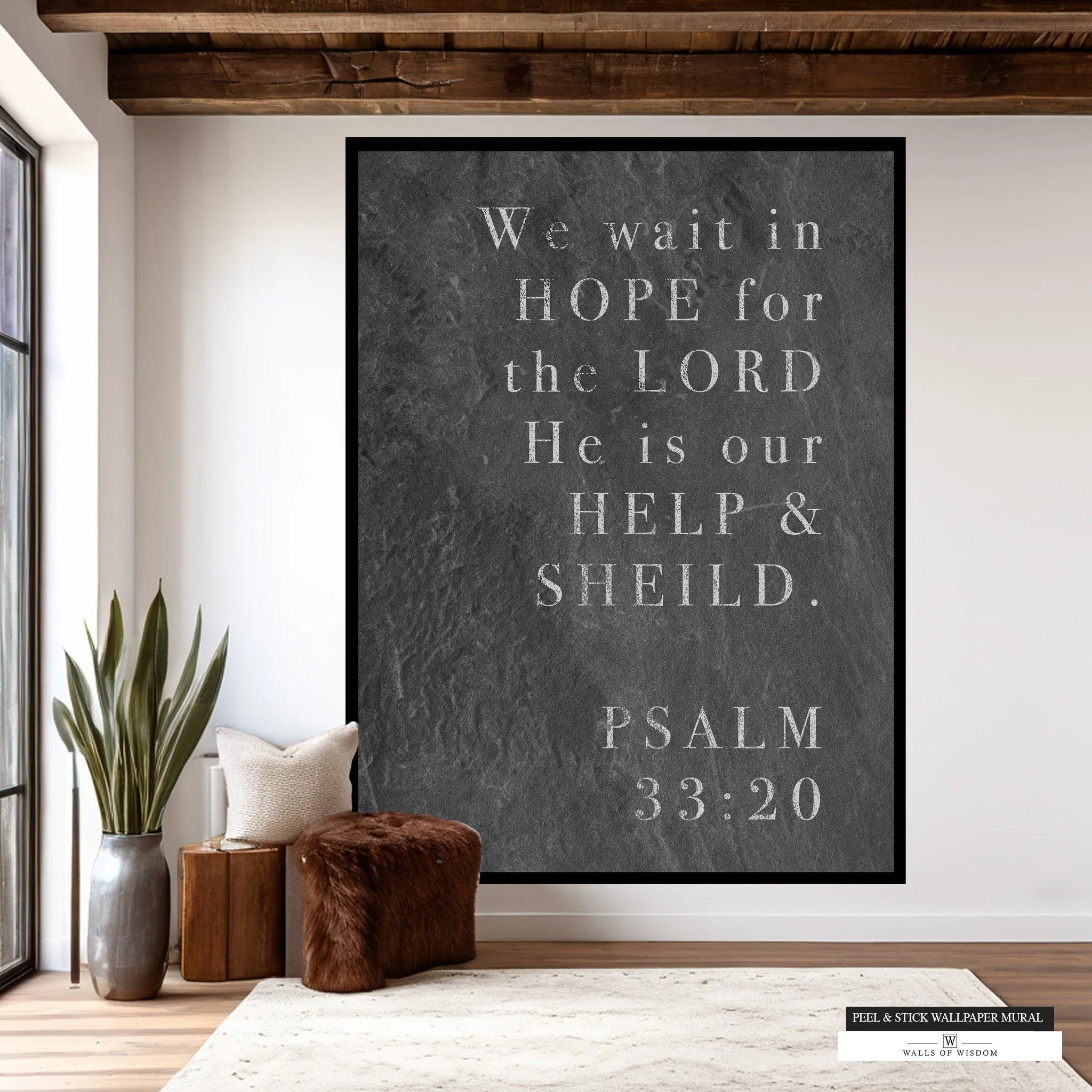 Psalm 33:20 Bible Verse Wallpaper Mural - Slate Background Large Christian Wall Art