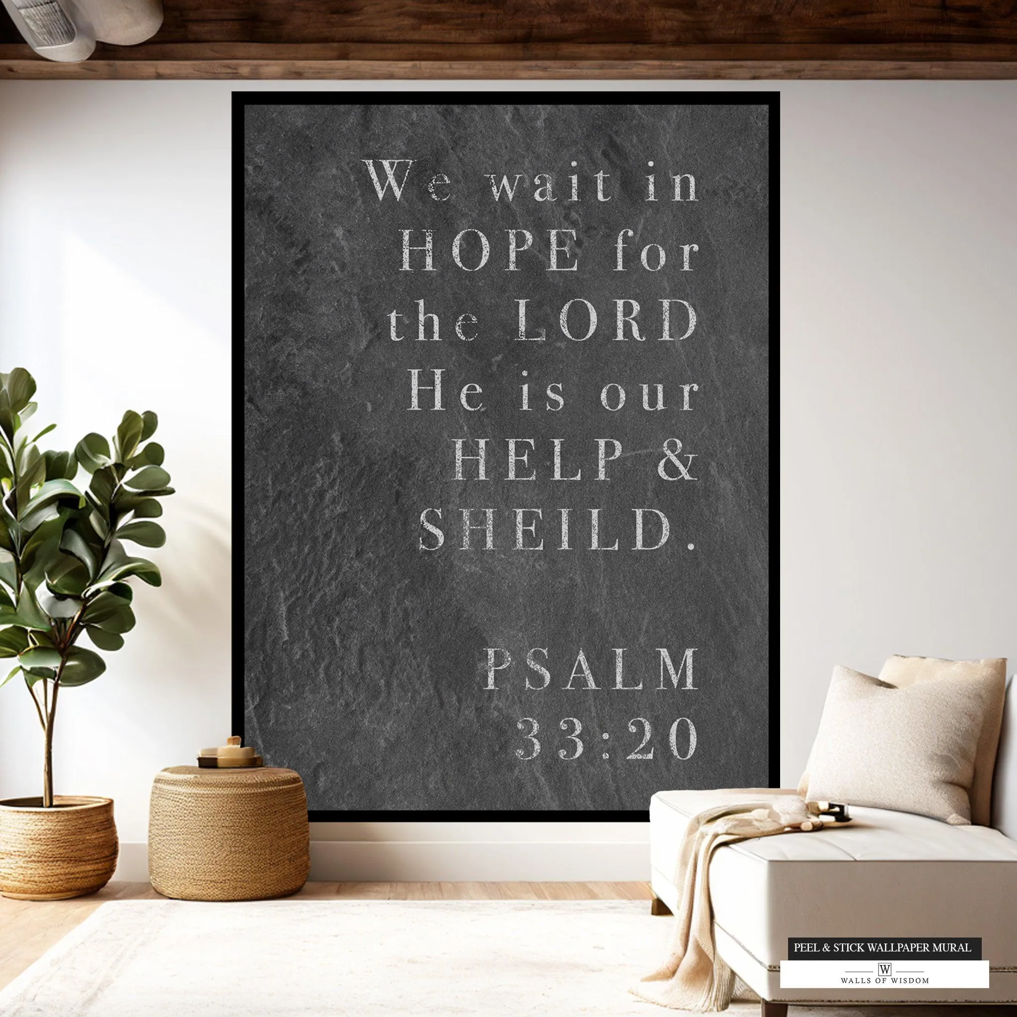 Psalm 33:20 Bible Verse Wallpaper Mural - Slate Background Large Christian Wall Art