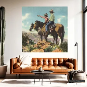 Rangers of the Ole Southwest Mural - Vintage Cowboy Mountain Scene, Muted Color Wallpaper