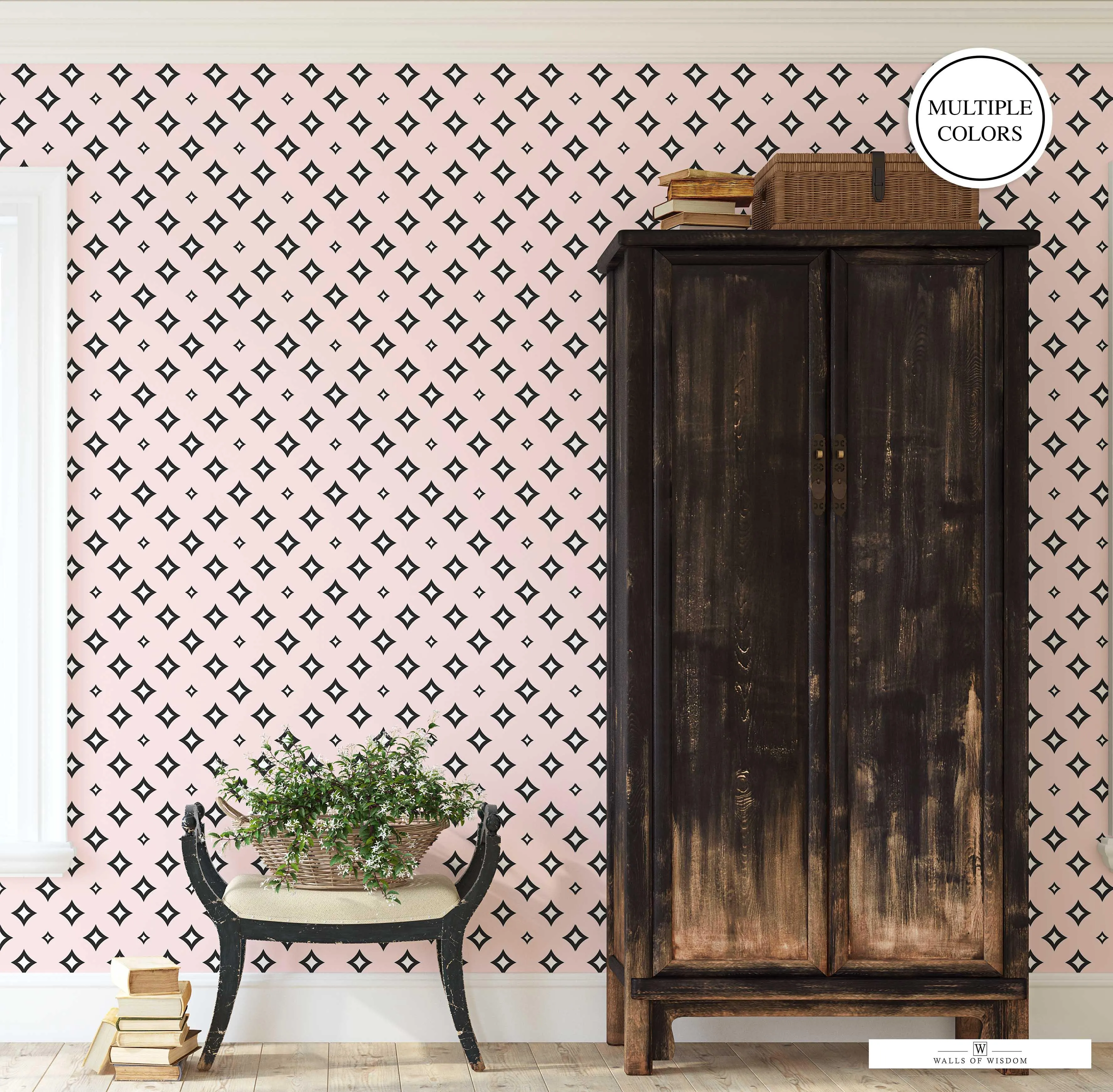 Retro Diamond Peel & Stick Wallpaper: Cream, Pink, & Black/White - Easy Apply