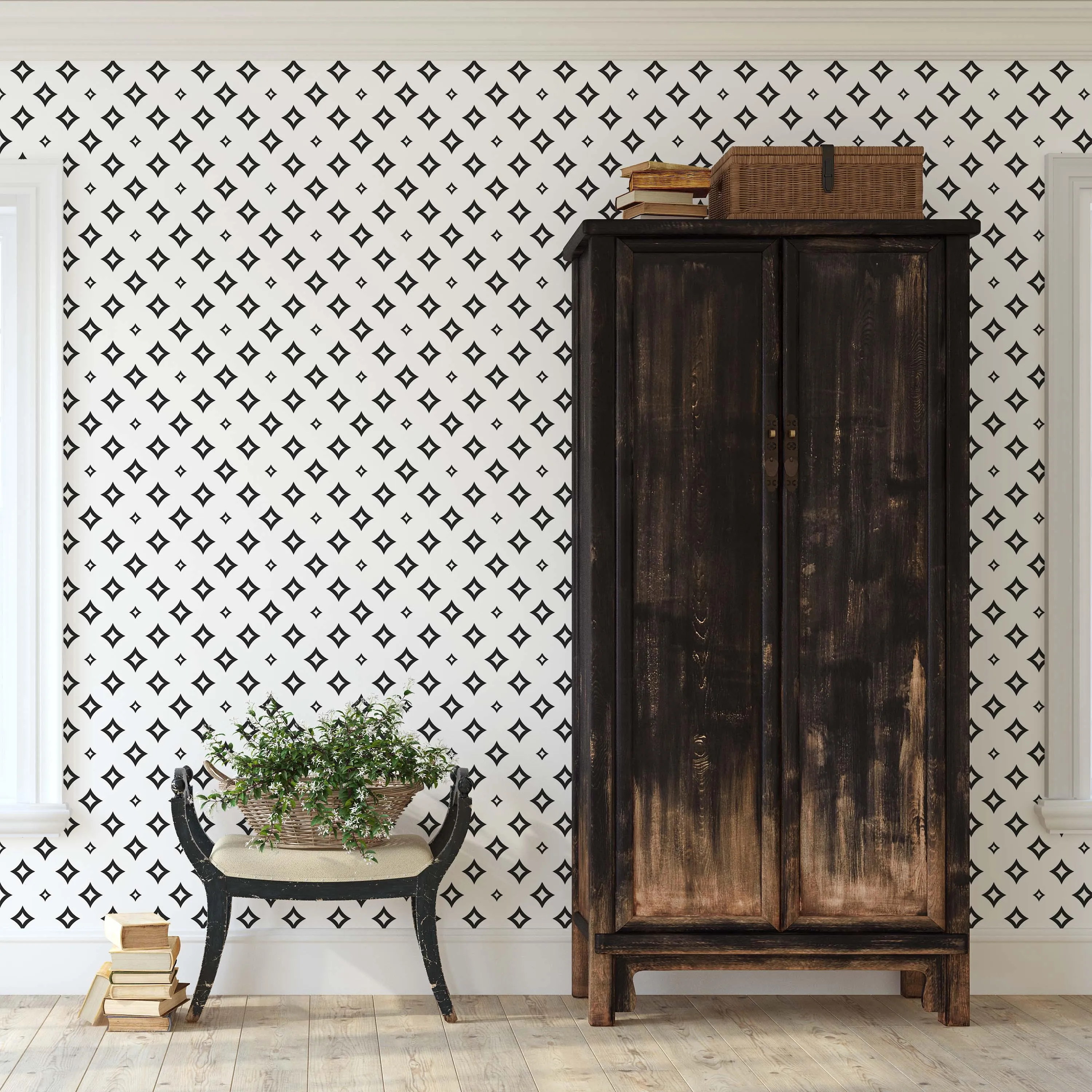 Retro Diamond Peel & Stick Wallpaper: Cream, Pink, & Black/White - Easy Apply