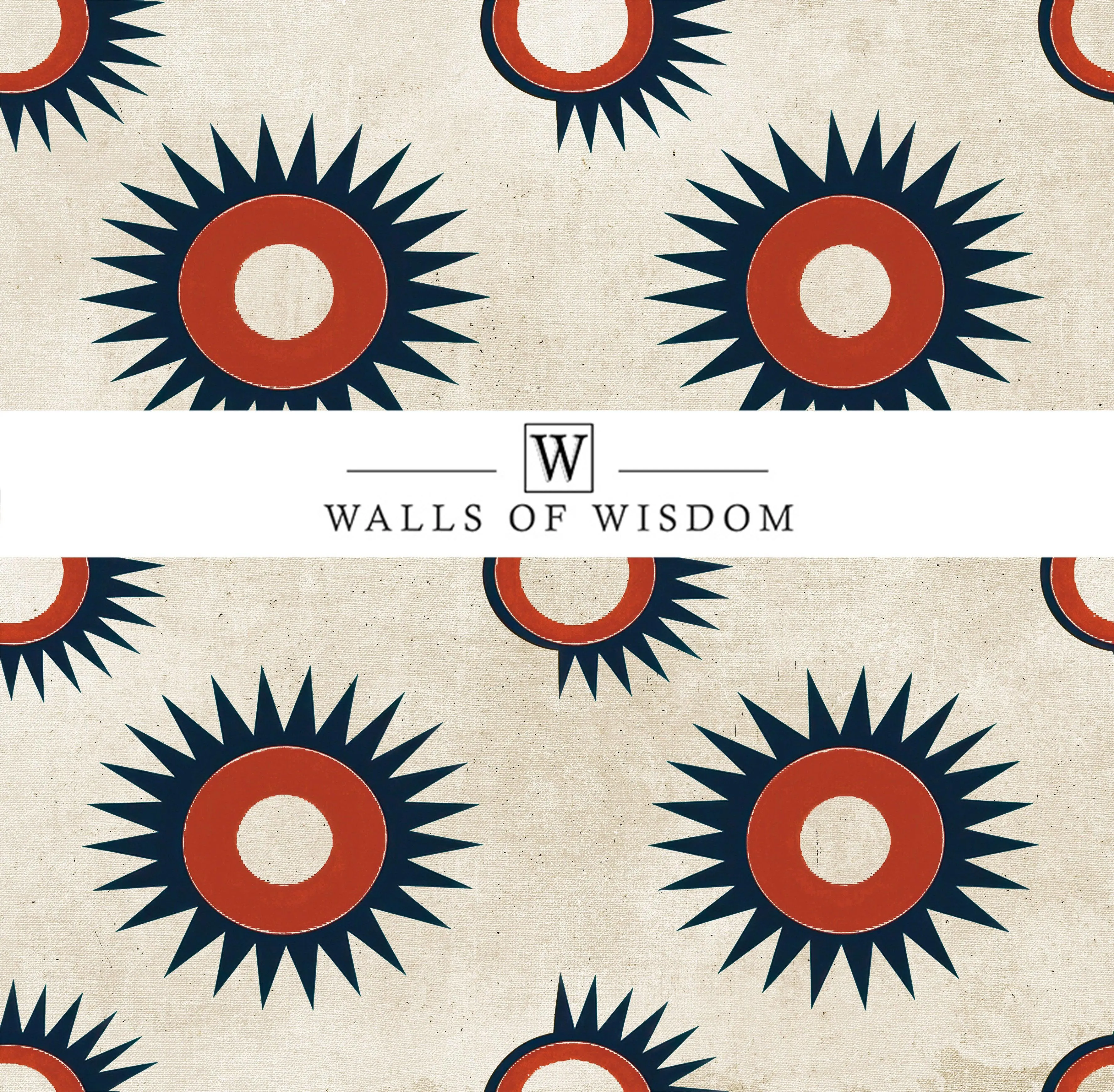 Retro Rustic Western Peel & Stick Wallpaper: Linen with Circles & Stars in Rusty Red, Deep Blue