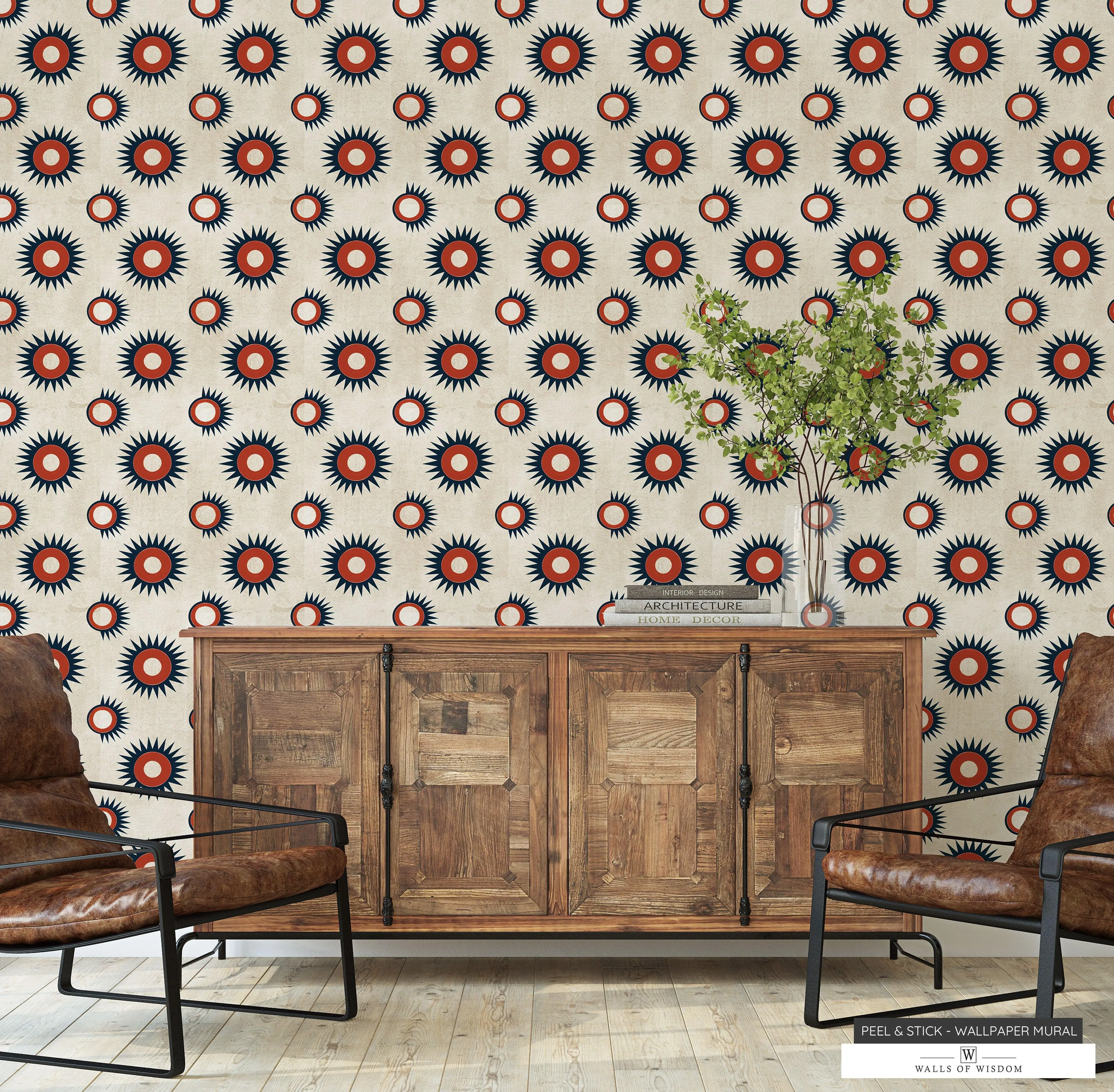 Retro Rustic Western Peel & Stick Wallpaper: Linen with Circles & Stars in Rusty Red, Deep Blue