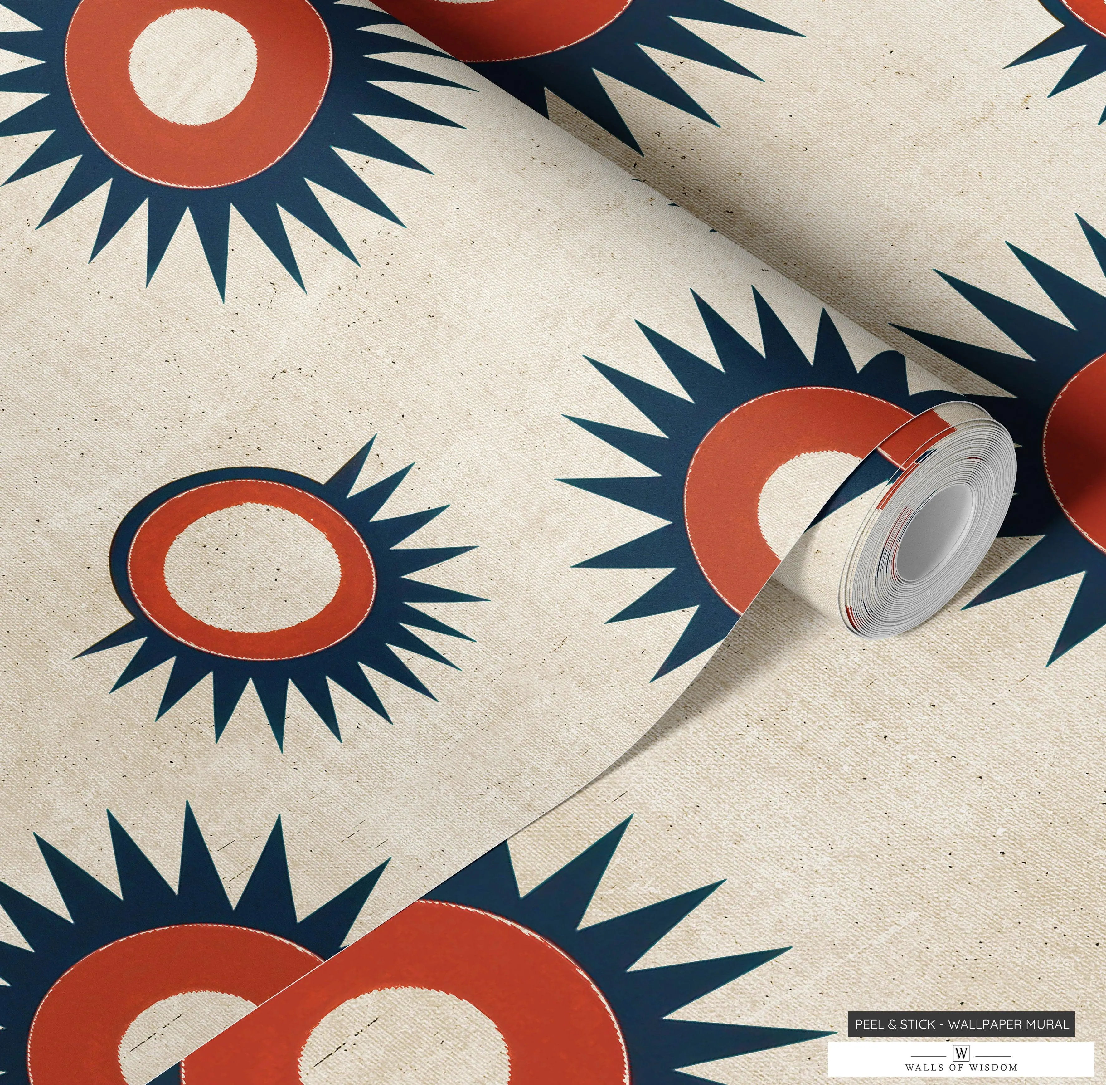 Retro Rustic Western Peel & Stick Wallpaper: Linen with Circles & Stars in Rusty Red, Deep Blue