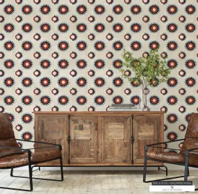 Retro Rustic Western Peel & Stick Wallpaper: Linen with Circles & Stars in Rusty Red, Deep Blue