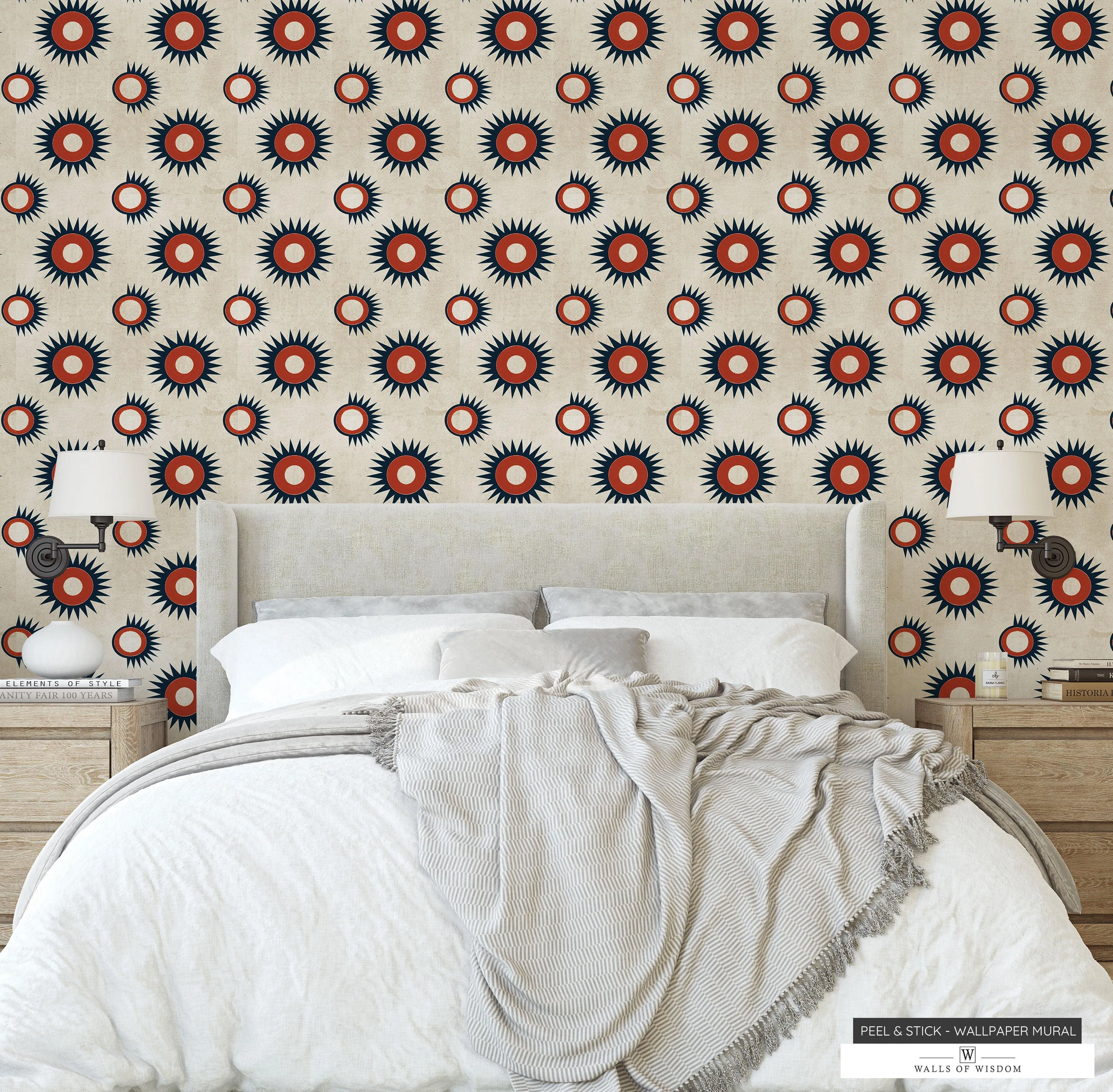 Retro Rustic Western Peel & Stick Wallpaper: Linen with Circles & Stars in Rusty Red, Deep Blue