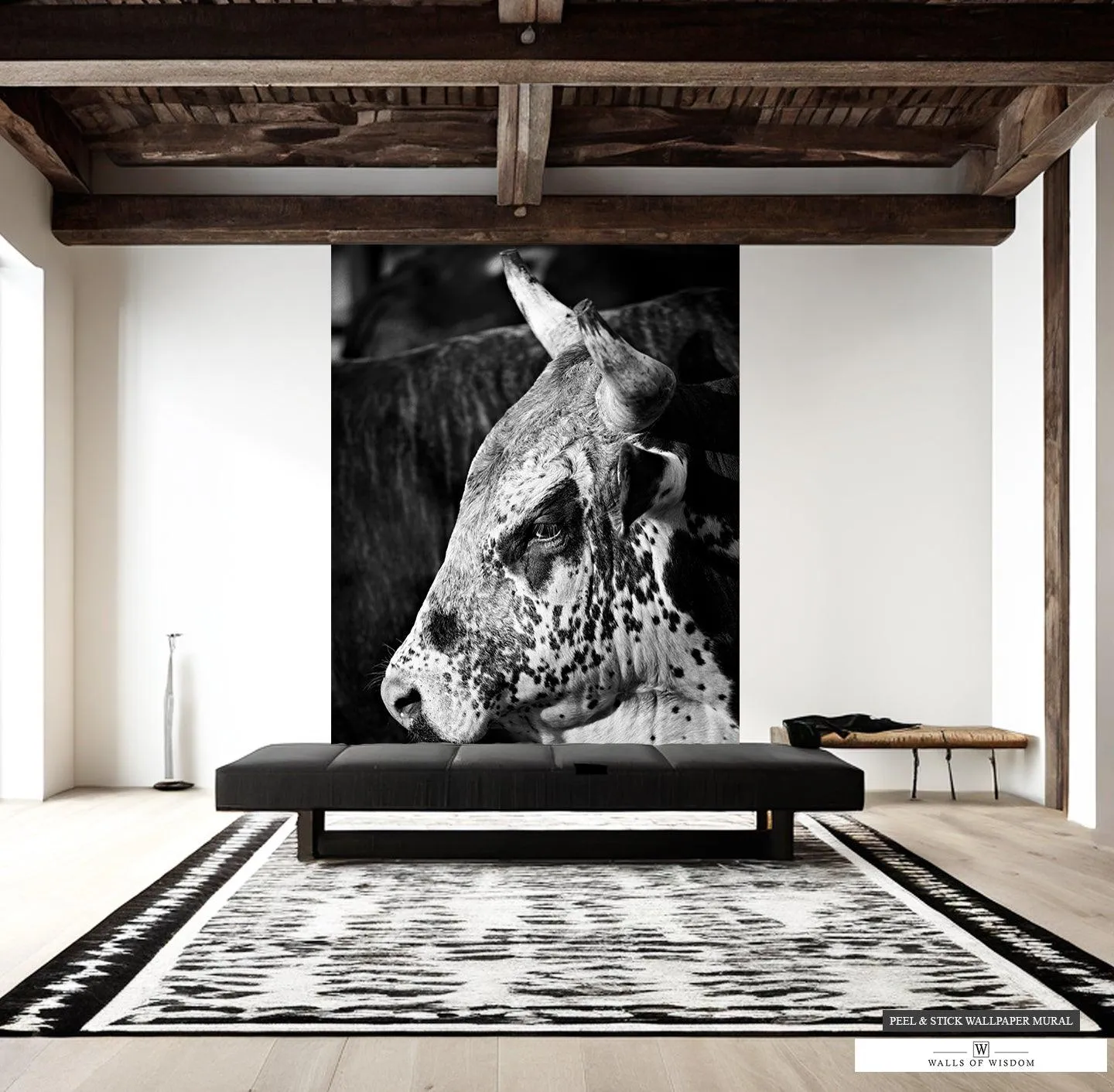 Rodeo Bull Close-Up Mural - High Contrast Black & White Wallpaper for Western Decor