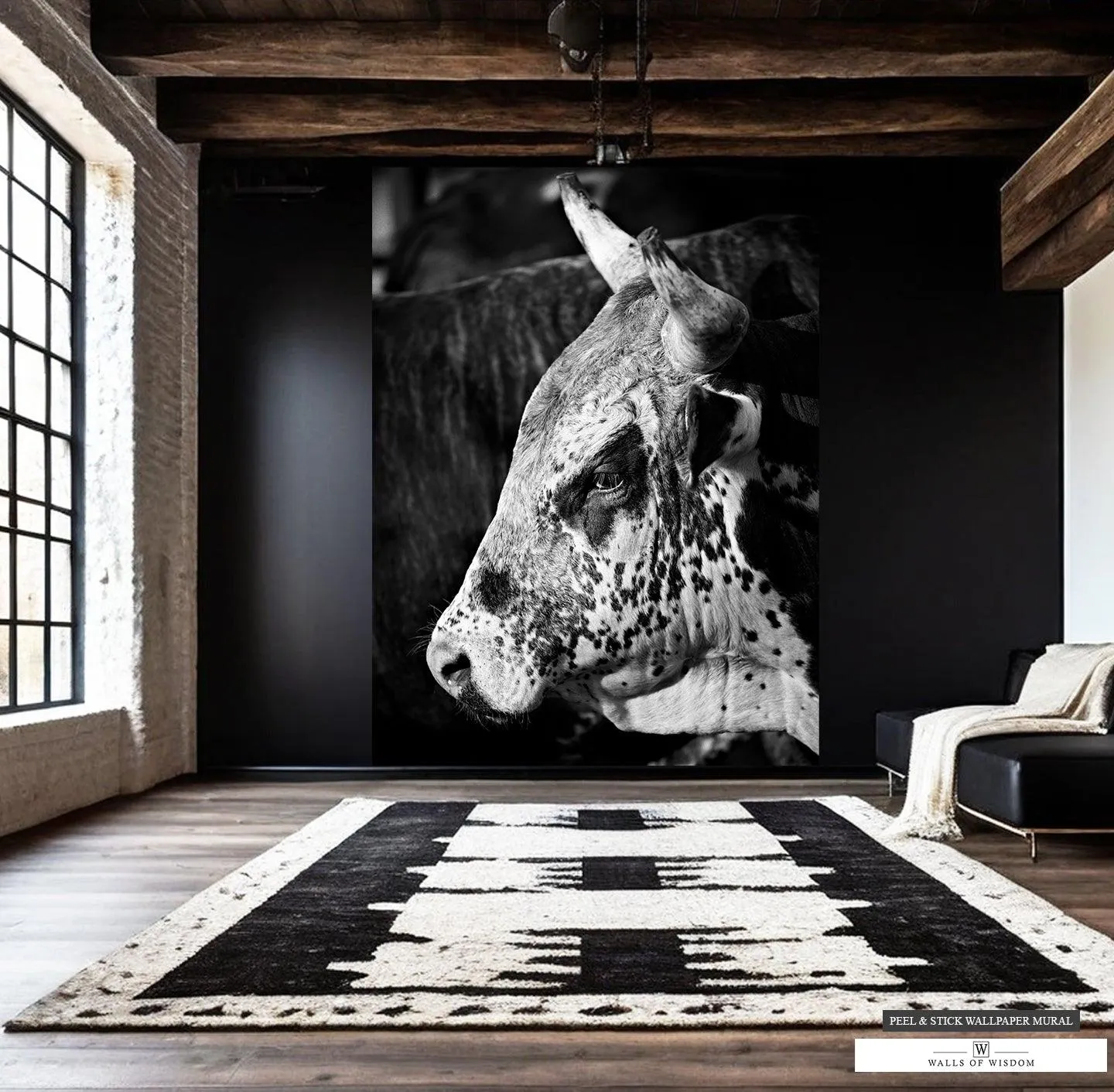 Rodeo Bull Close-Up Mural - High Contrast Black & White Wallpaper for Western Decor