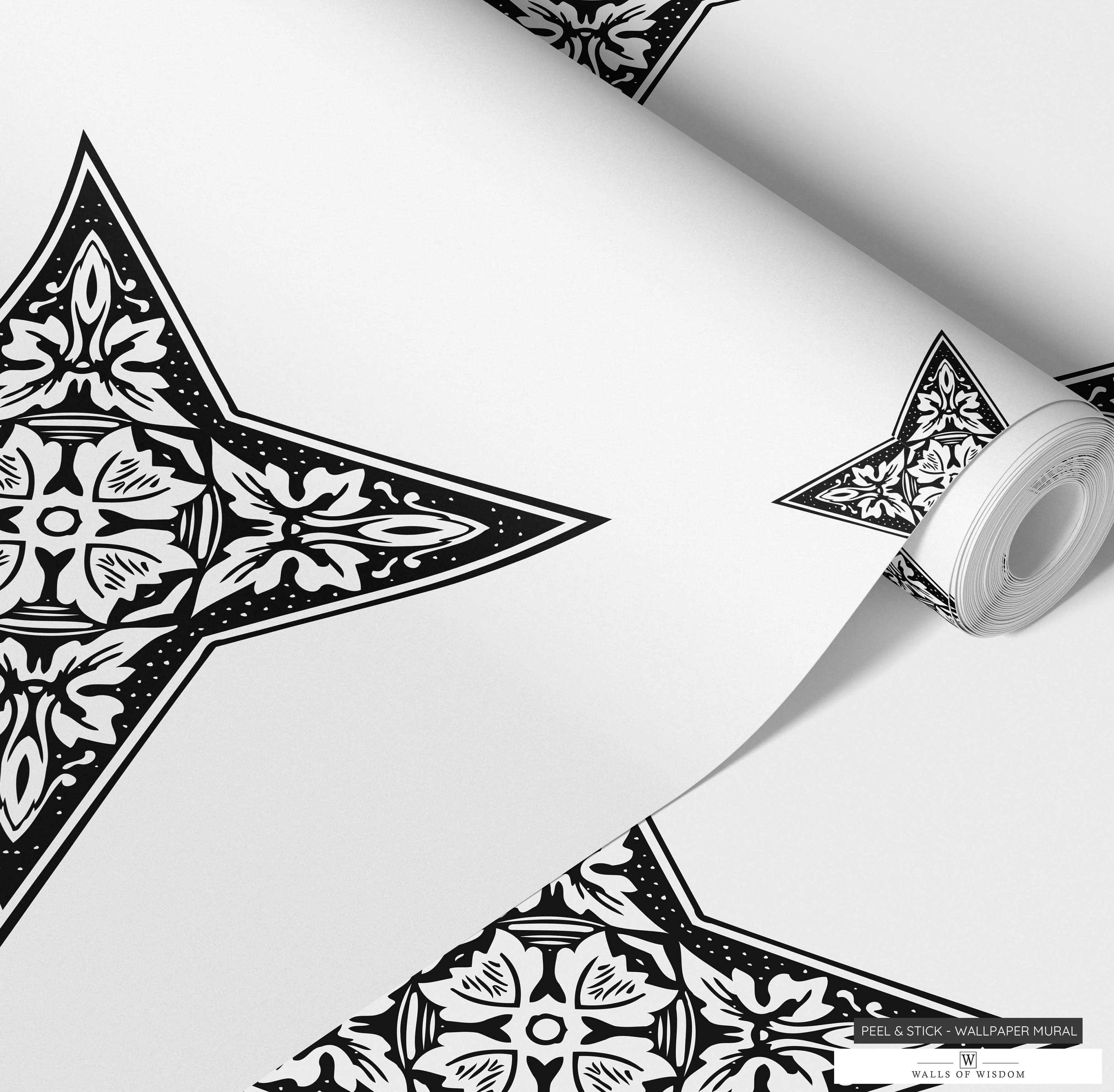 Rustic Farmhouse Retro Cowboy Wallpaper: Black & White Vintage Star Floral Design