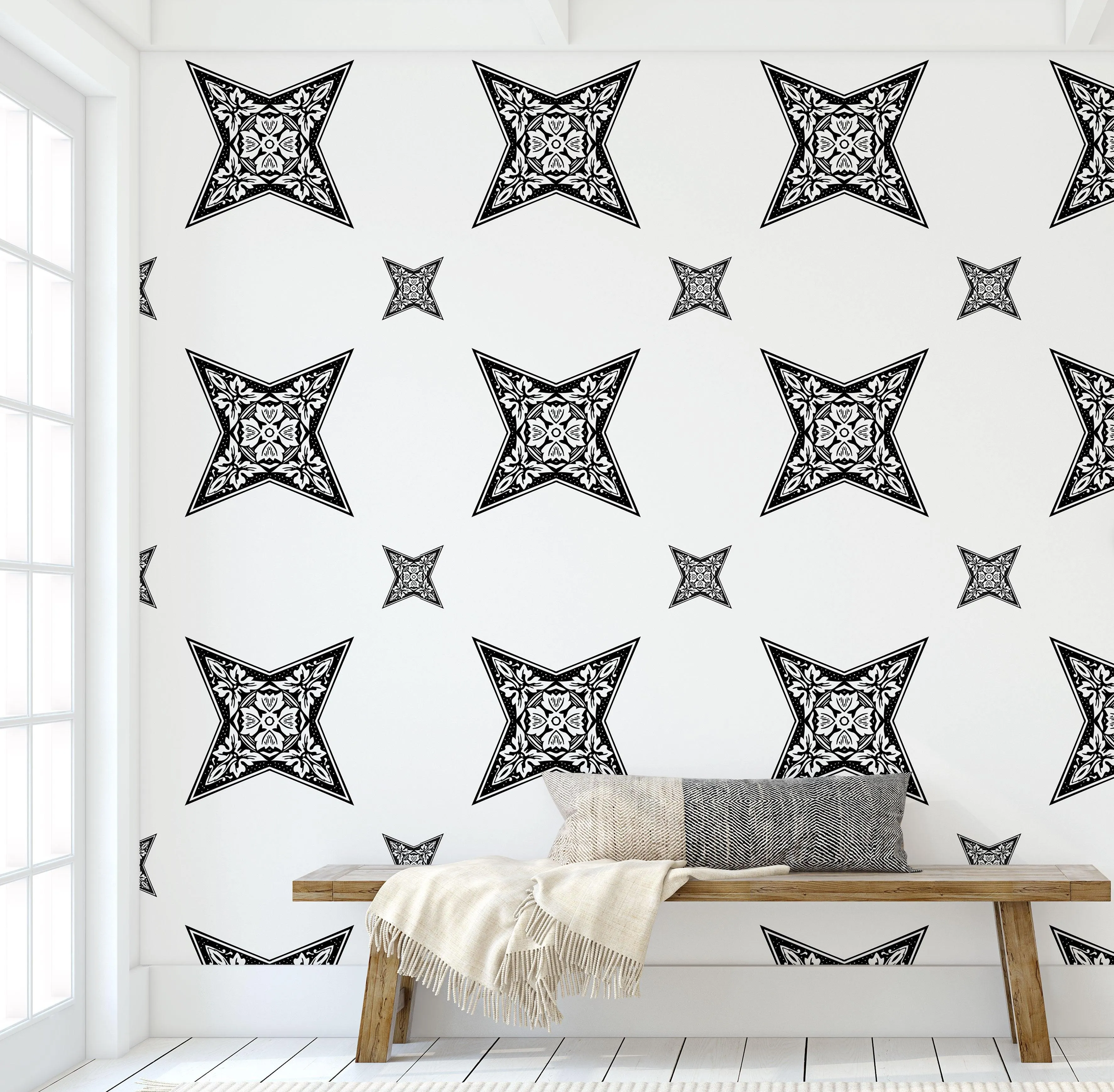 Rustic Farmhouse Retro Cowboy Wallpaper: Black & White Vintage Star Floral Design