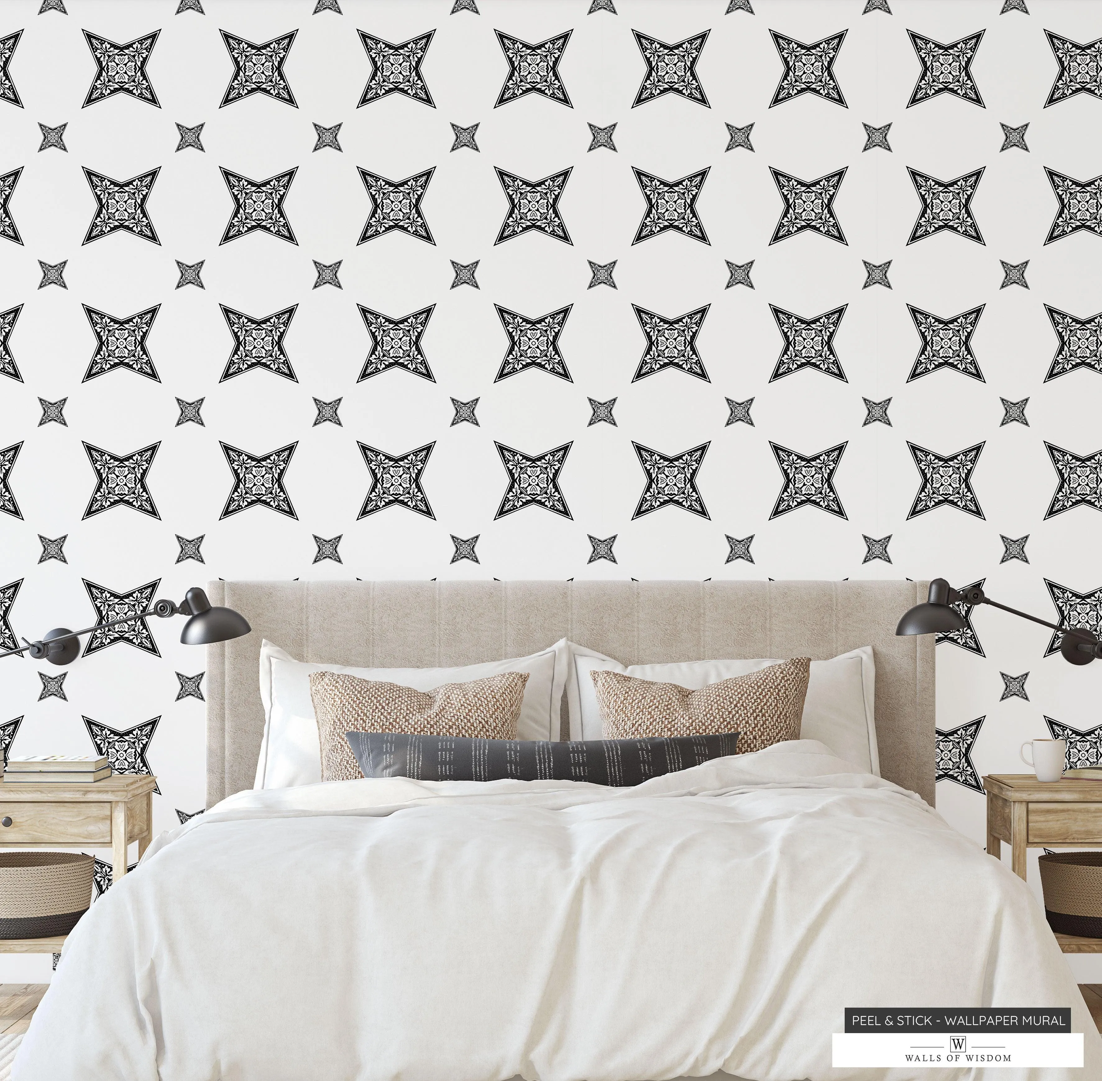 Rustic Farmhouse Retro Cowboy Wallpaper: Black & White Vintage Star Floral Design