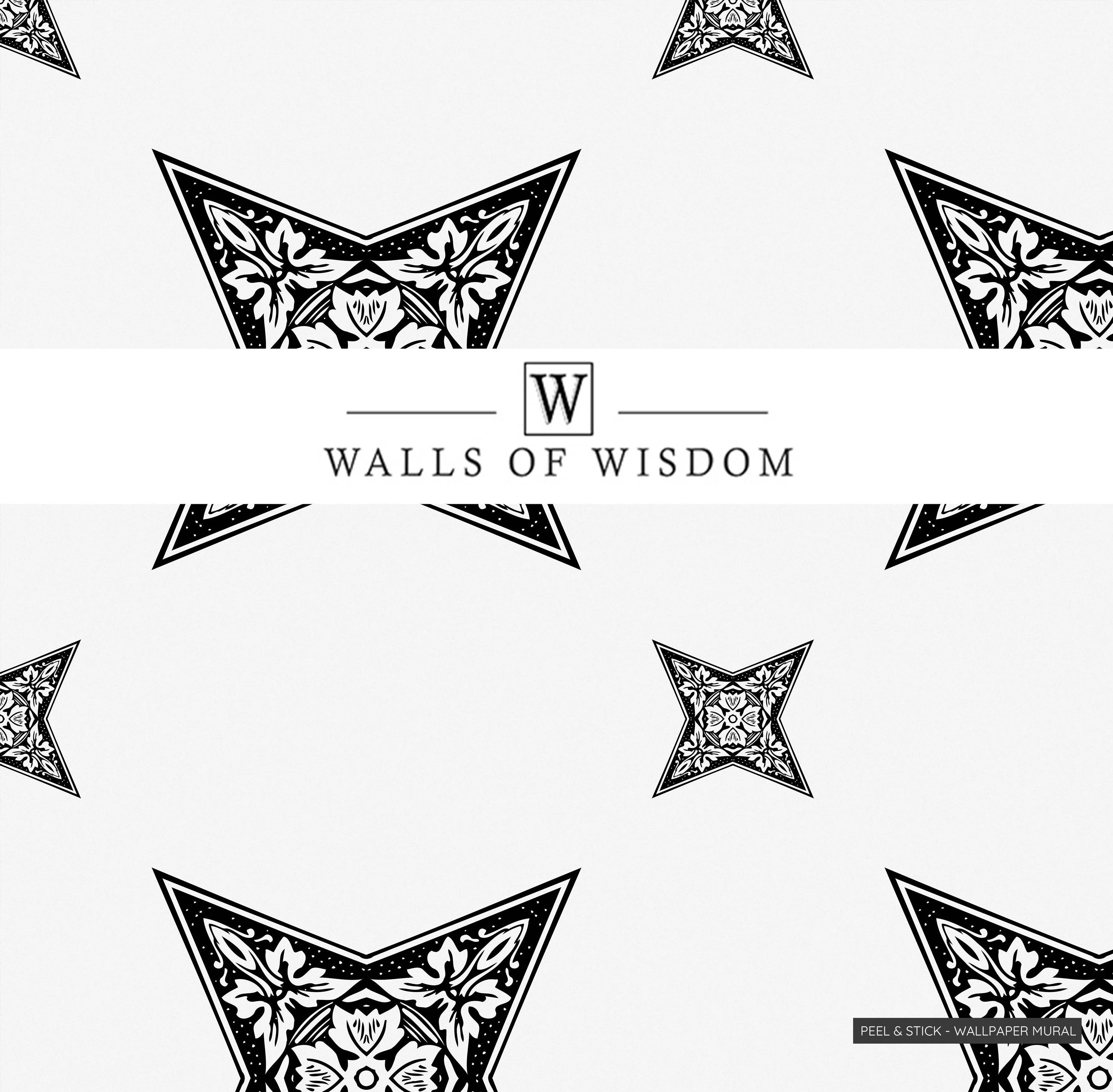 Rustic Farmhouse Retro Cowboy Wallpaper: Black & White Vintage Star Floral Design