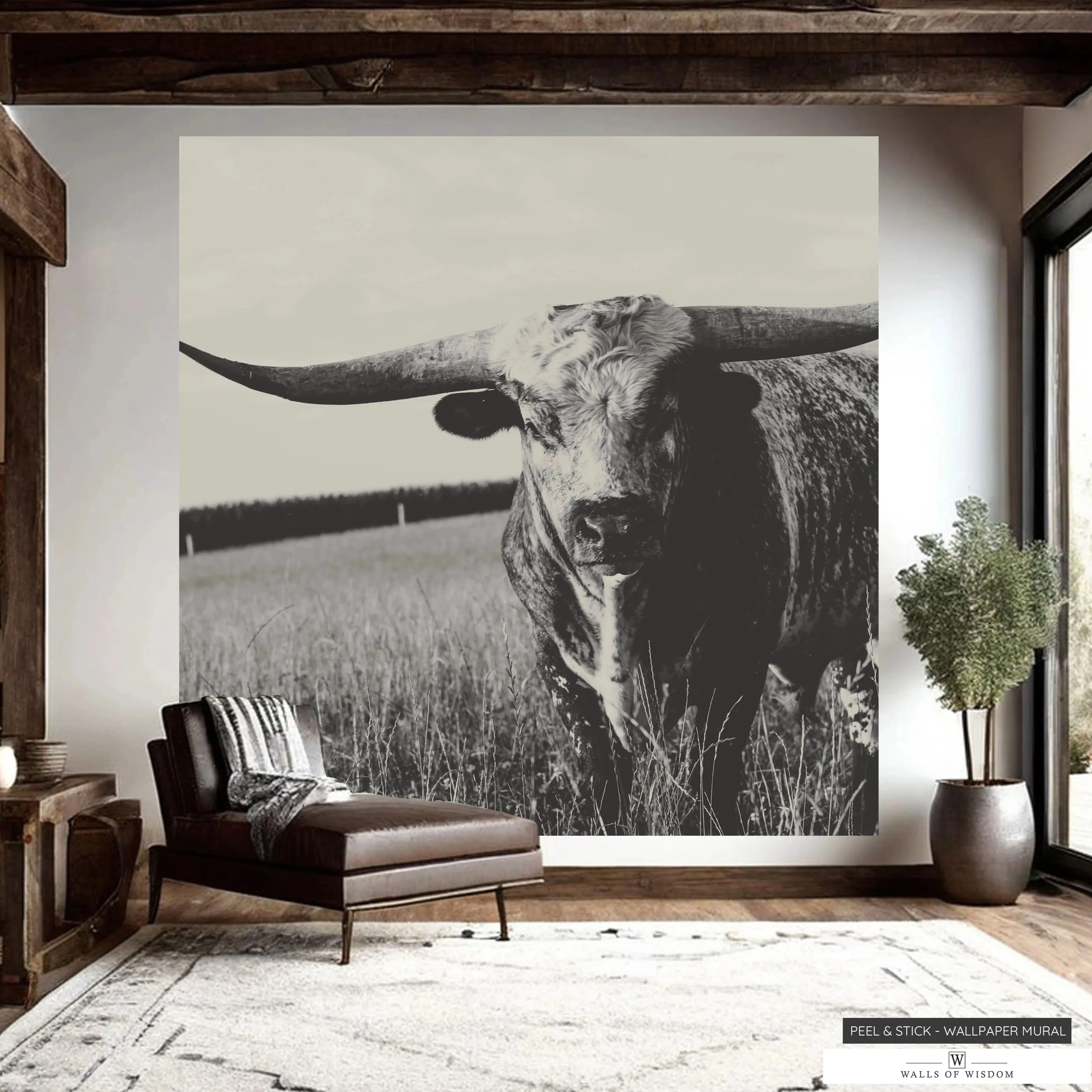 Texas Longhorn Sepia Tone Wallpaper Art Mural - Rustic Western Removable Decor