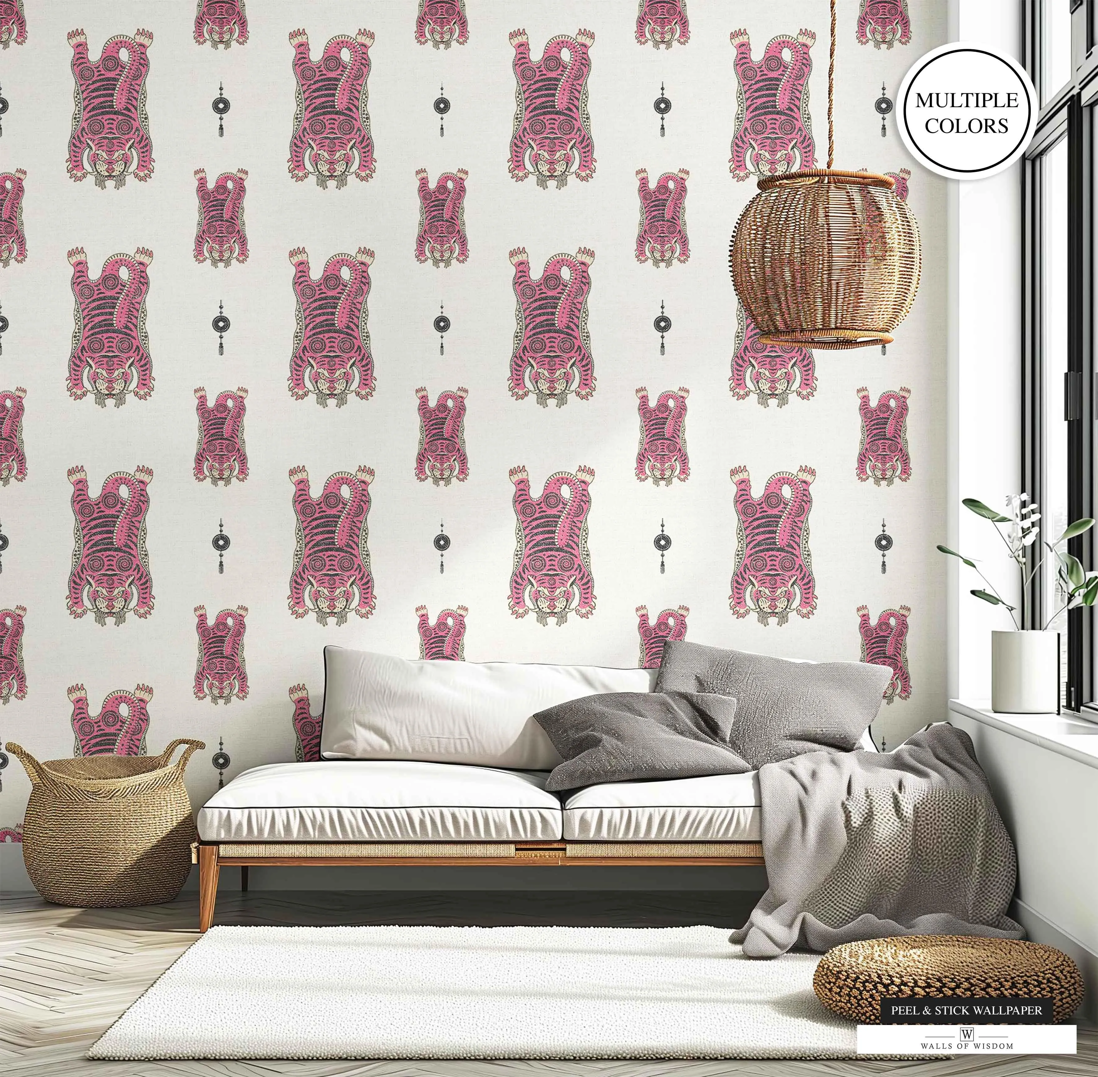 Tibetan Tiger Moody Peel & Stick Wallpaper -  Boho Maximalist Style Faux Grasscloth Finish