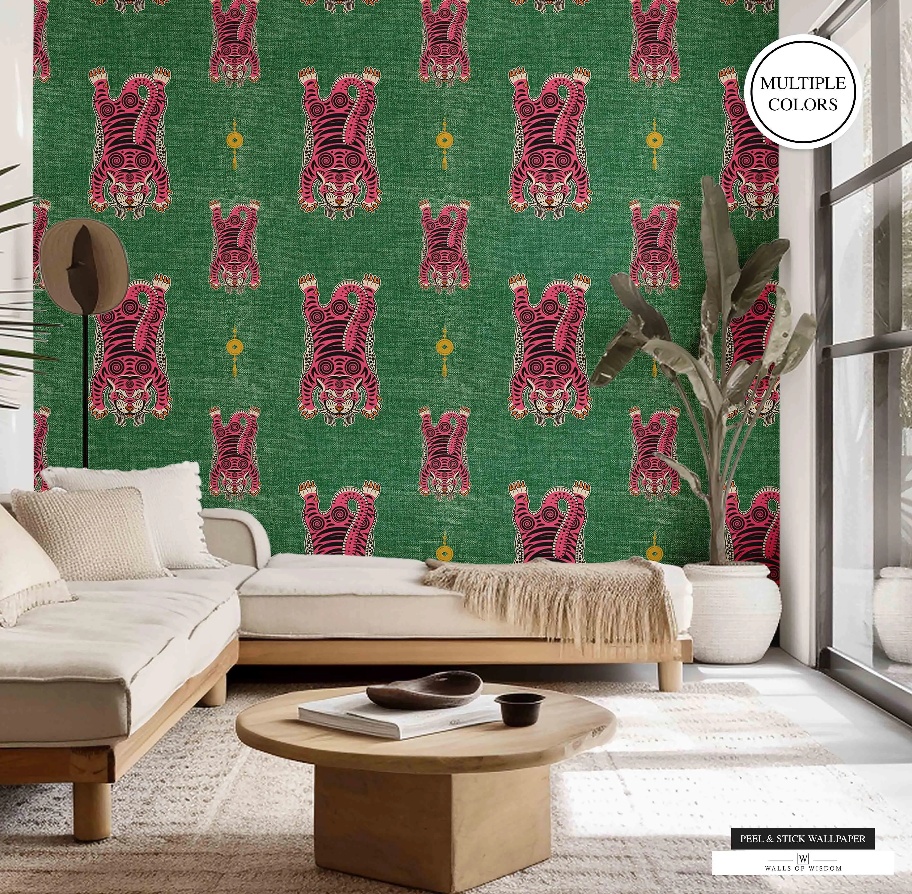 Tibetan Tiger Moody Peel & Stick Wallpaper -  Boho Maximalist Style Faux Grasscloth Finish
