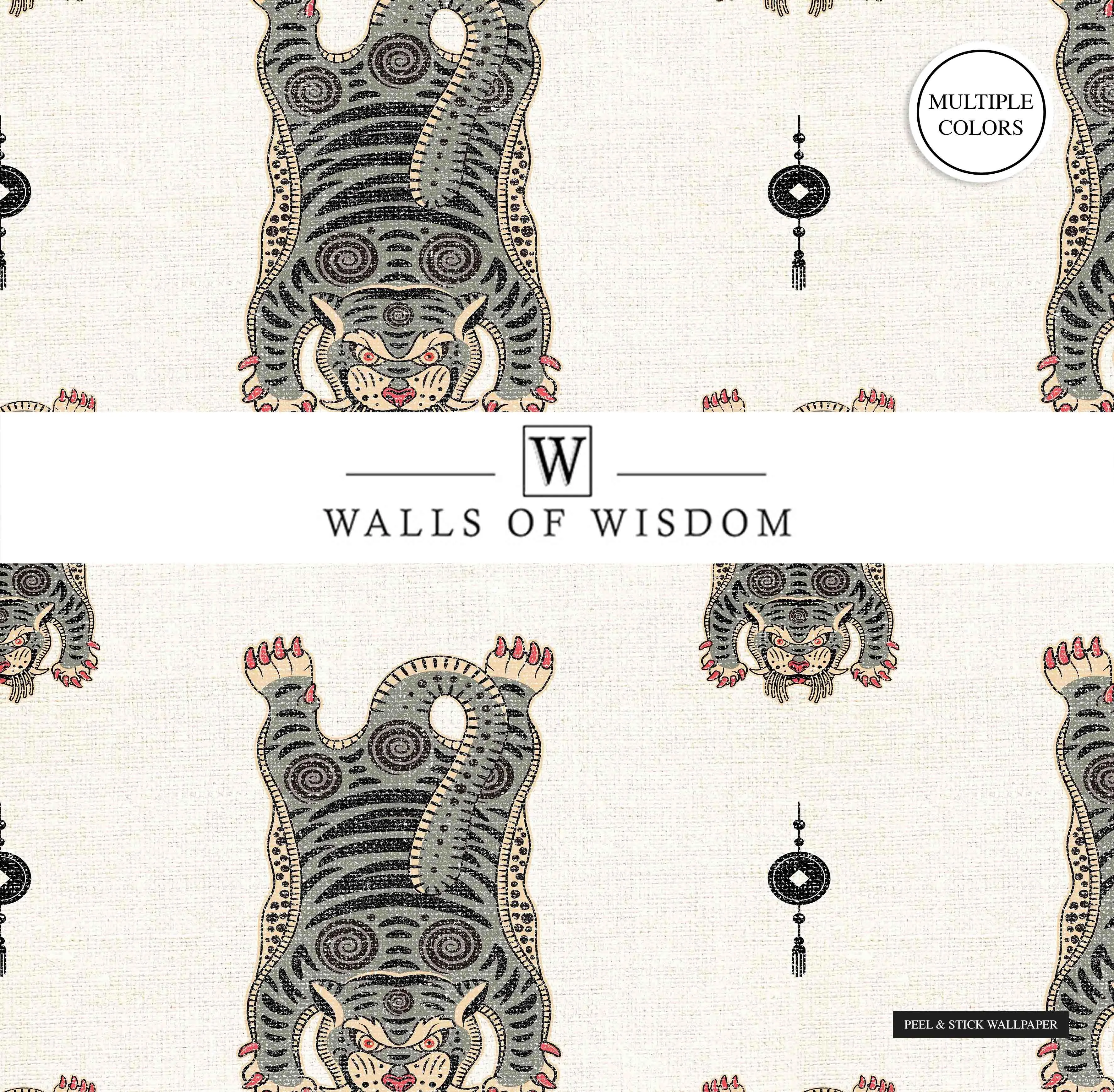 Tibetan Tiger Moody Peel & Stick Wallpaper -  Boho Maximalist Style Faux Grasscloth Finish