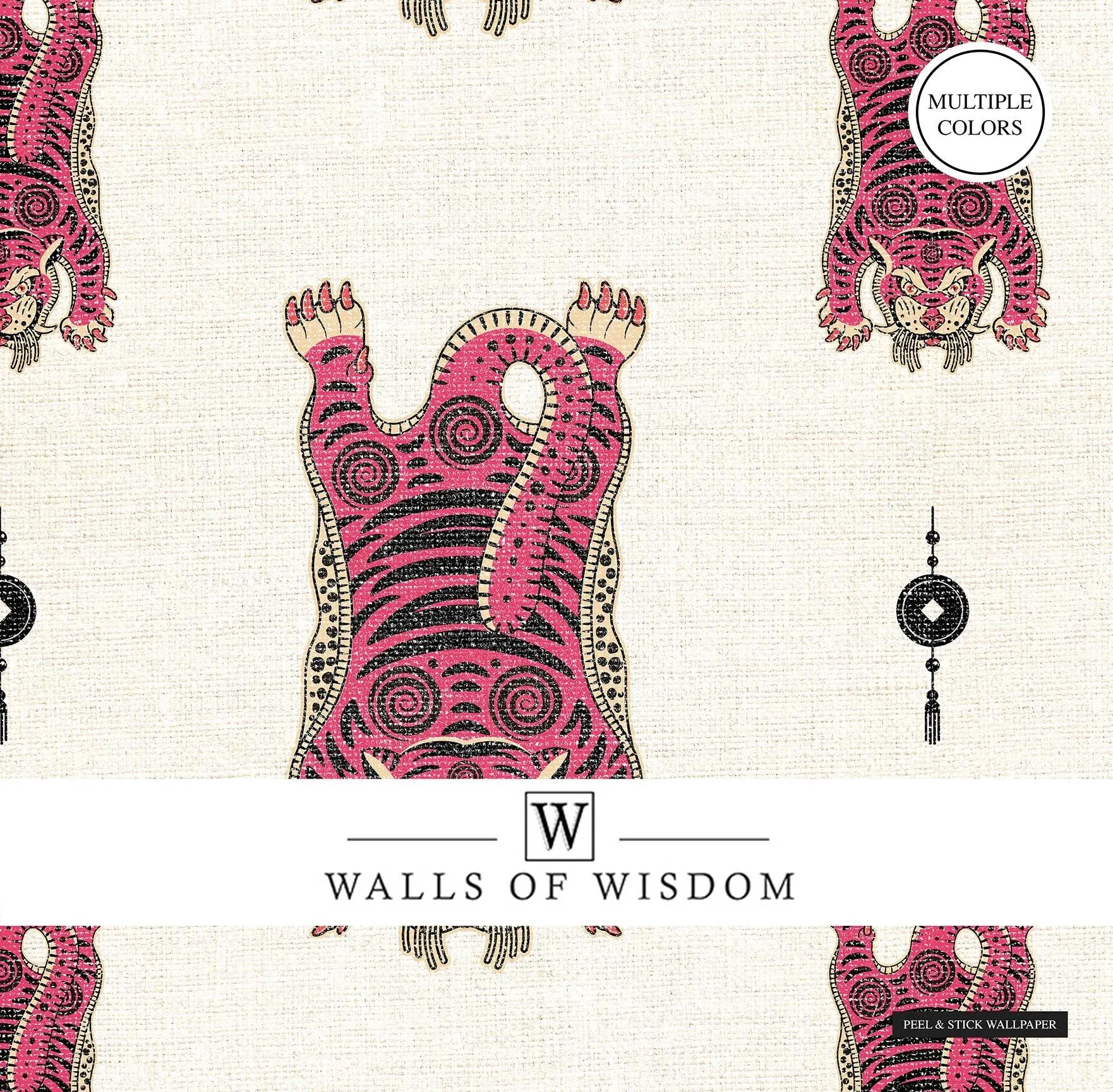 Tibetan Tiger Moody Peel & Stick Wallpaper -  Boho Maximalist Style Faux Grasscloth Finish