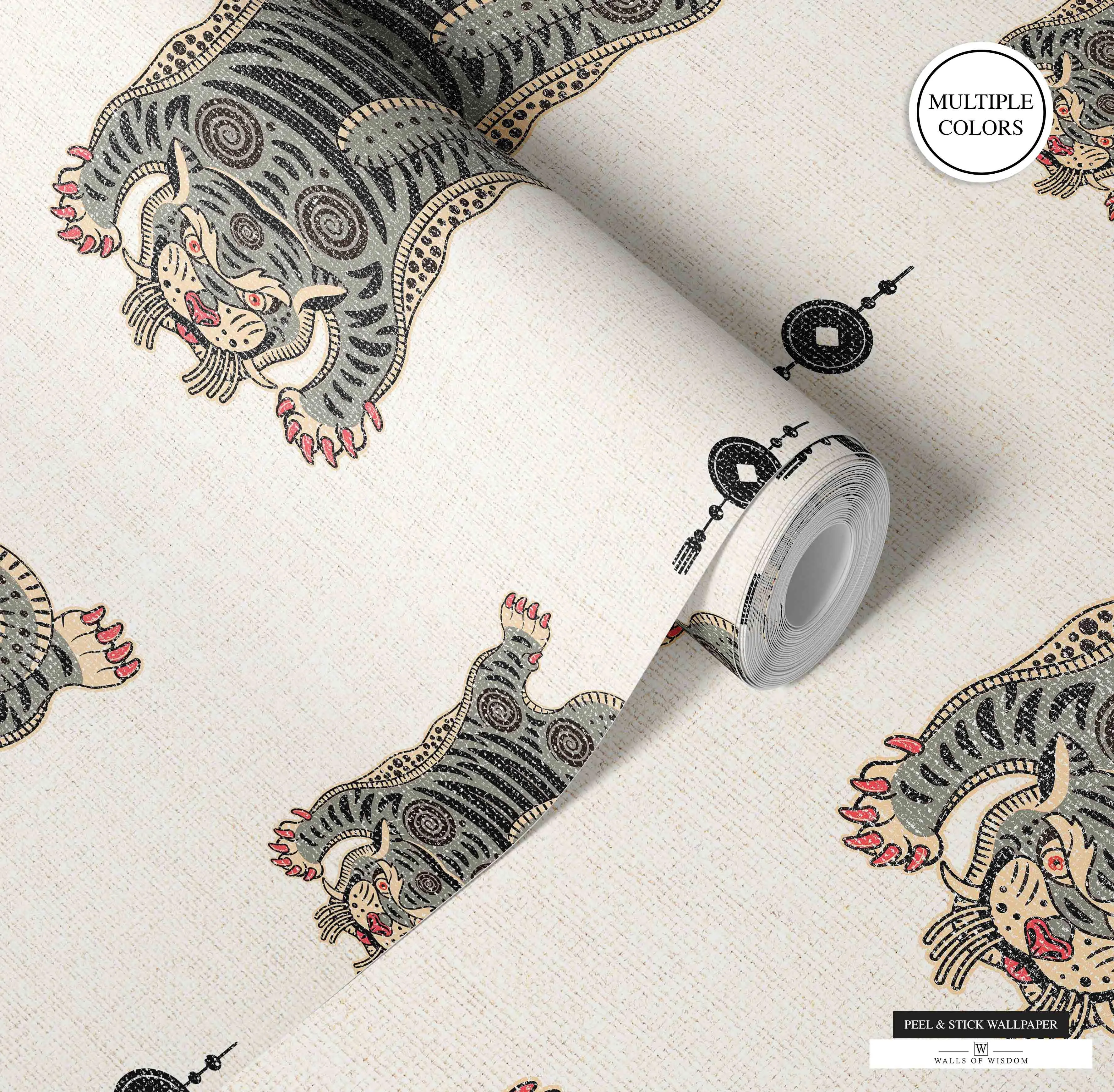 Tibetan Tiger Moody Peel & Stick Wallpaper -  Boho Maximalist Style Faux Grasscloth Finish