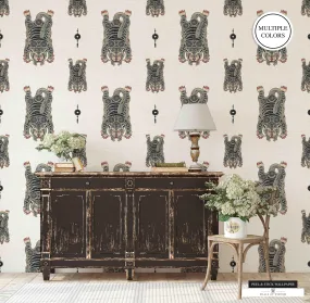 Tibetan Tiger Moody Peel & Stick Wallpaper -  Boho Maximalist Style Faux Grasscloth Finish