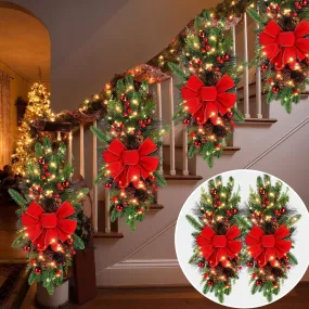 valiant 2 Pack Christmas Artificial Swags 24' Xmas The Cordless Prelit Stairway Swag Teardrop Trim Wreath Door Stair Swag Garland Christmas Swags for Outdoor Home Garden Decor(Berry) Red/Green