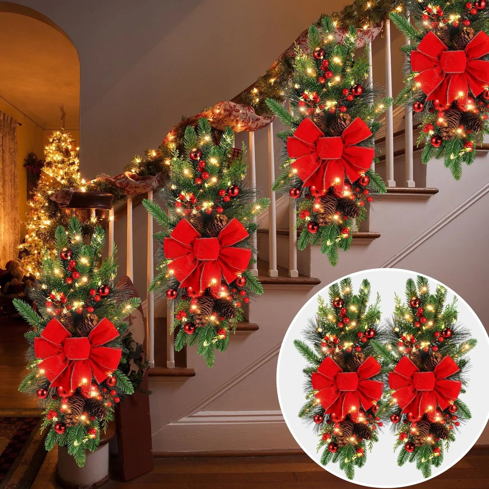 valiant 2 Pack Christmas Artificial Swags 24' Xmas The Cordless Prelit Stairway Swag Teardrop Trim Wreath Door Stair Swag Garland Christmas Swags for Outdoor Home Garden Decor(Berry) Red/Green