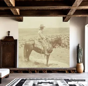 Vintage Cowboy Rancher on Horse Mural - Sepia Landscape Wallpaper, Peel & Stick