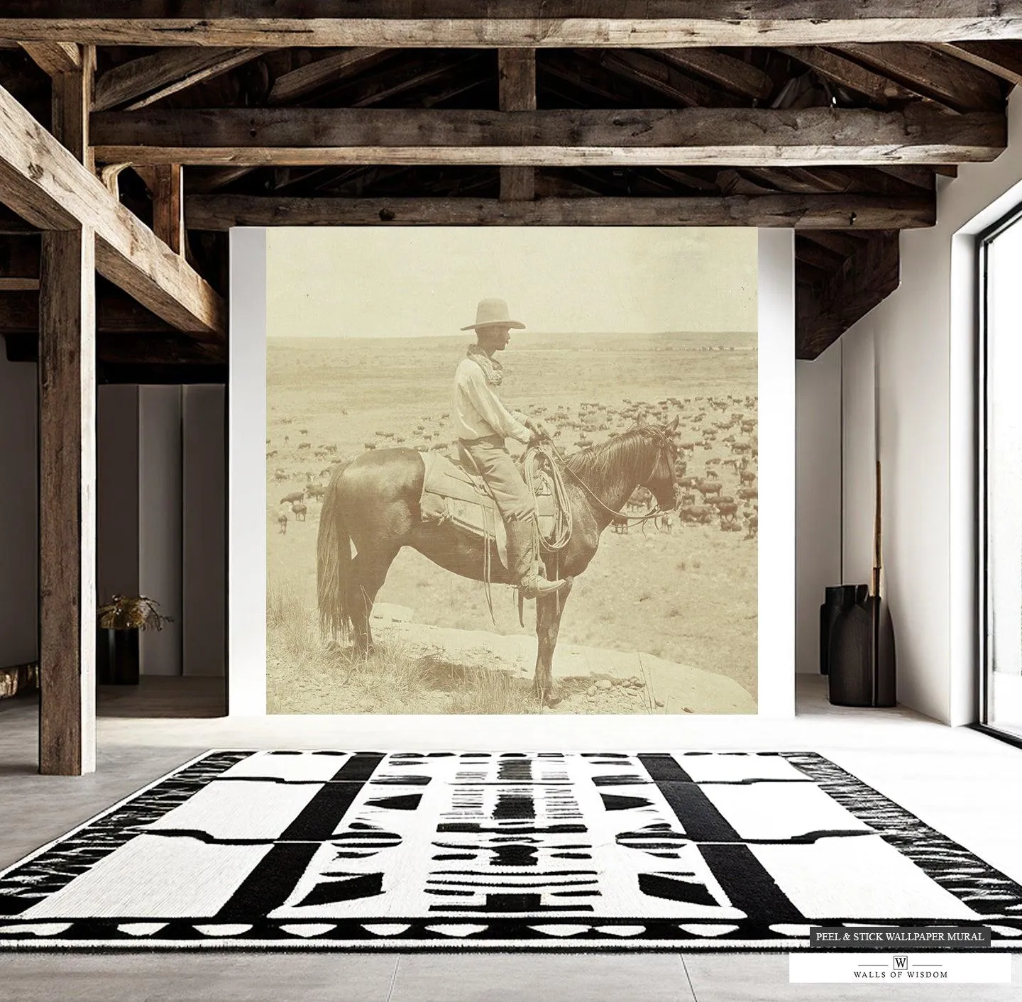 Vintage Cowboy Rancher on Horse Mural - Sepia Landscape Wallpaper, Peel & Stick