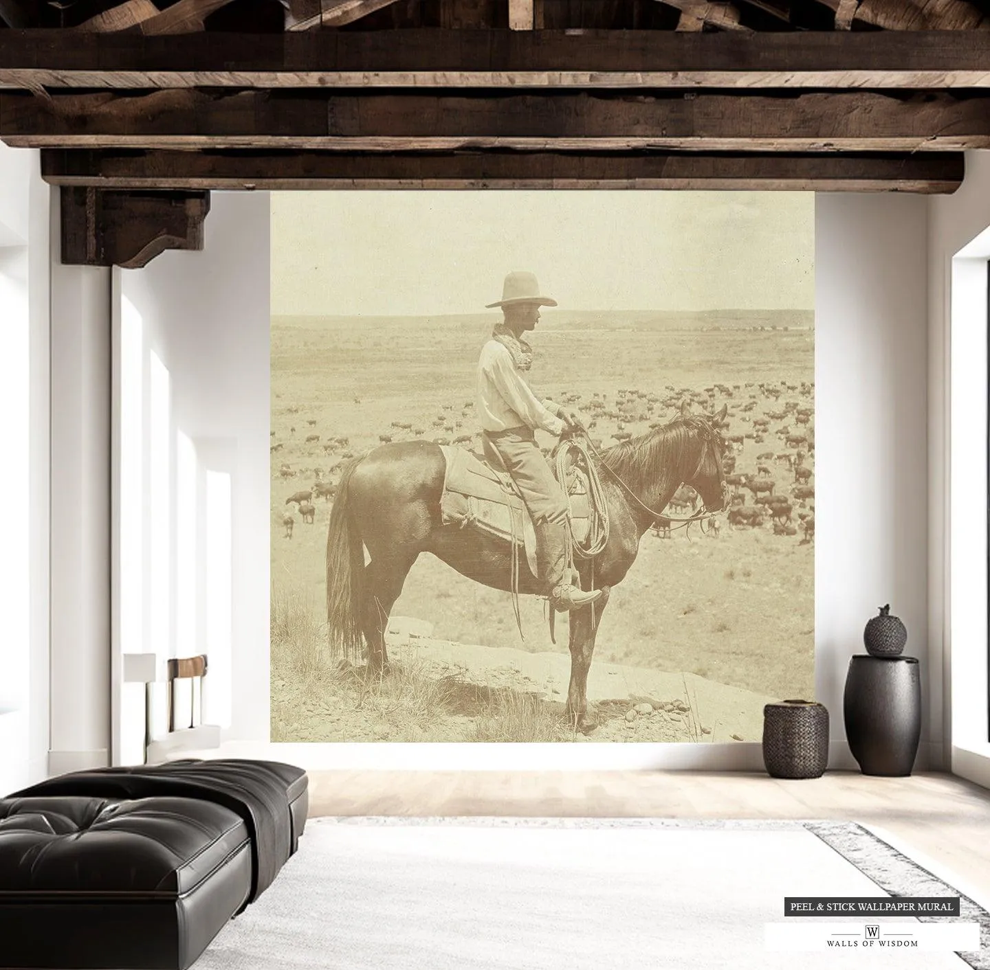Vintage Cowboy Rancher on Horse Mural - Sepia Landscape Wallpaper, Peel & Stick