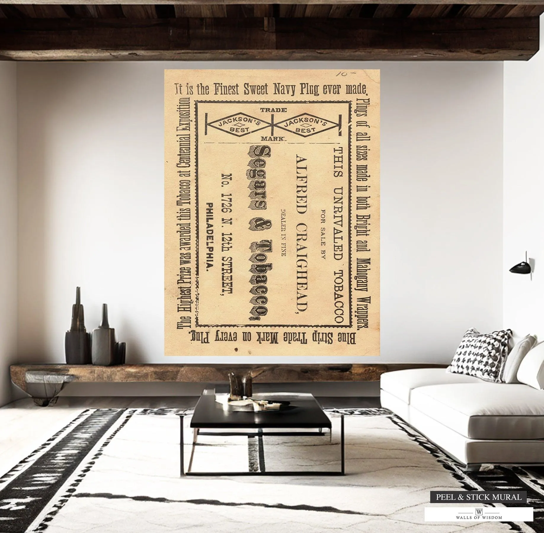 Vintage Jackson's Best Tobacco Label Mural - Western Print Style Wallpaper, Peel & Stick