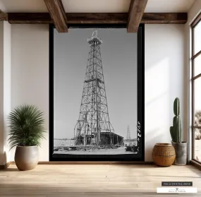 Vintage Oil Derrick Mural Wallpaper - Texas Ranch & Hill Country Decor Western Peel & Stick