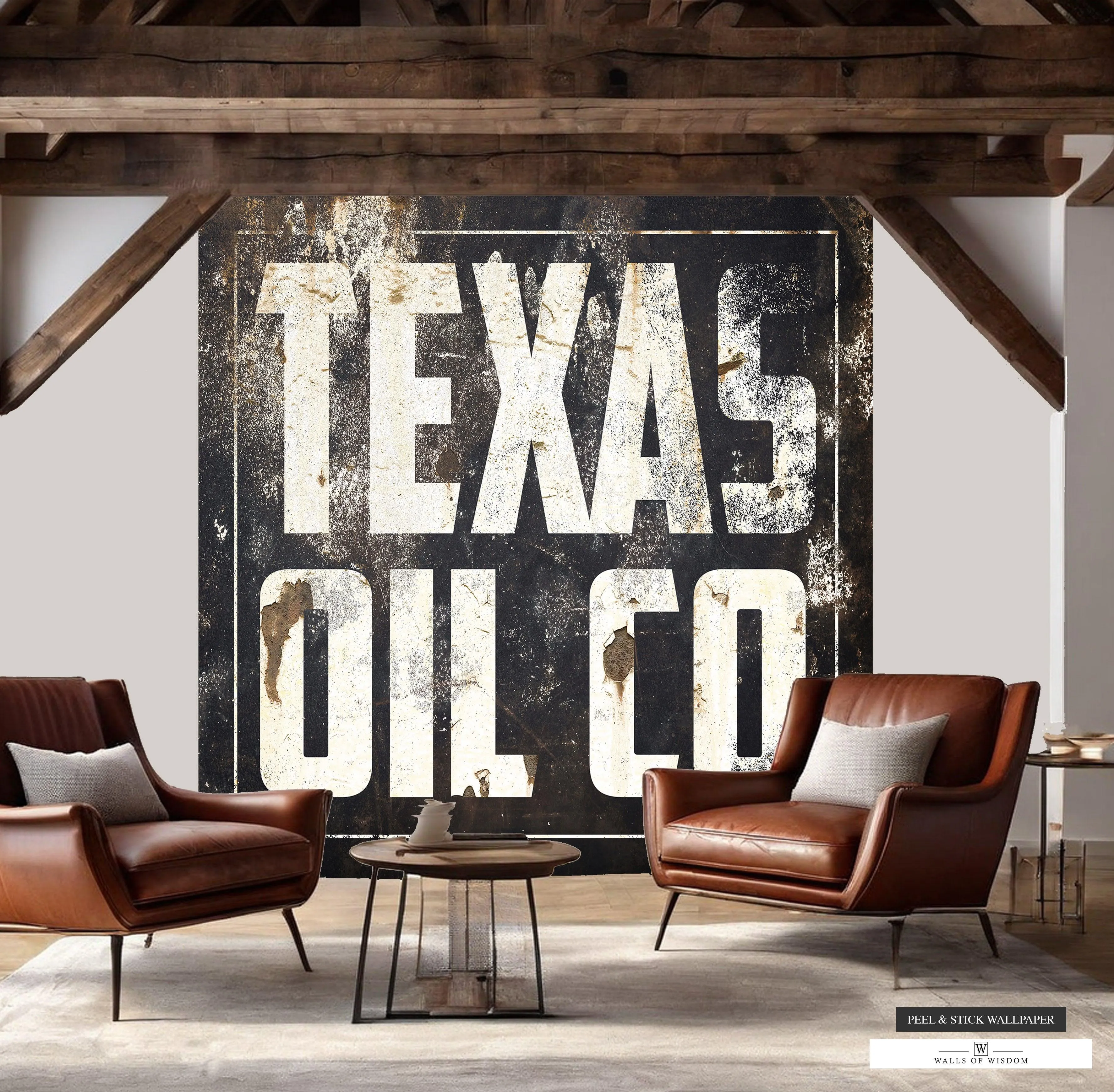 Vintage Texas Oil Co Mural - Rustic Industrial Peel & Stick Wallpaper Large Wall Art