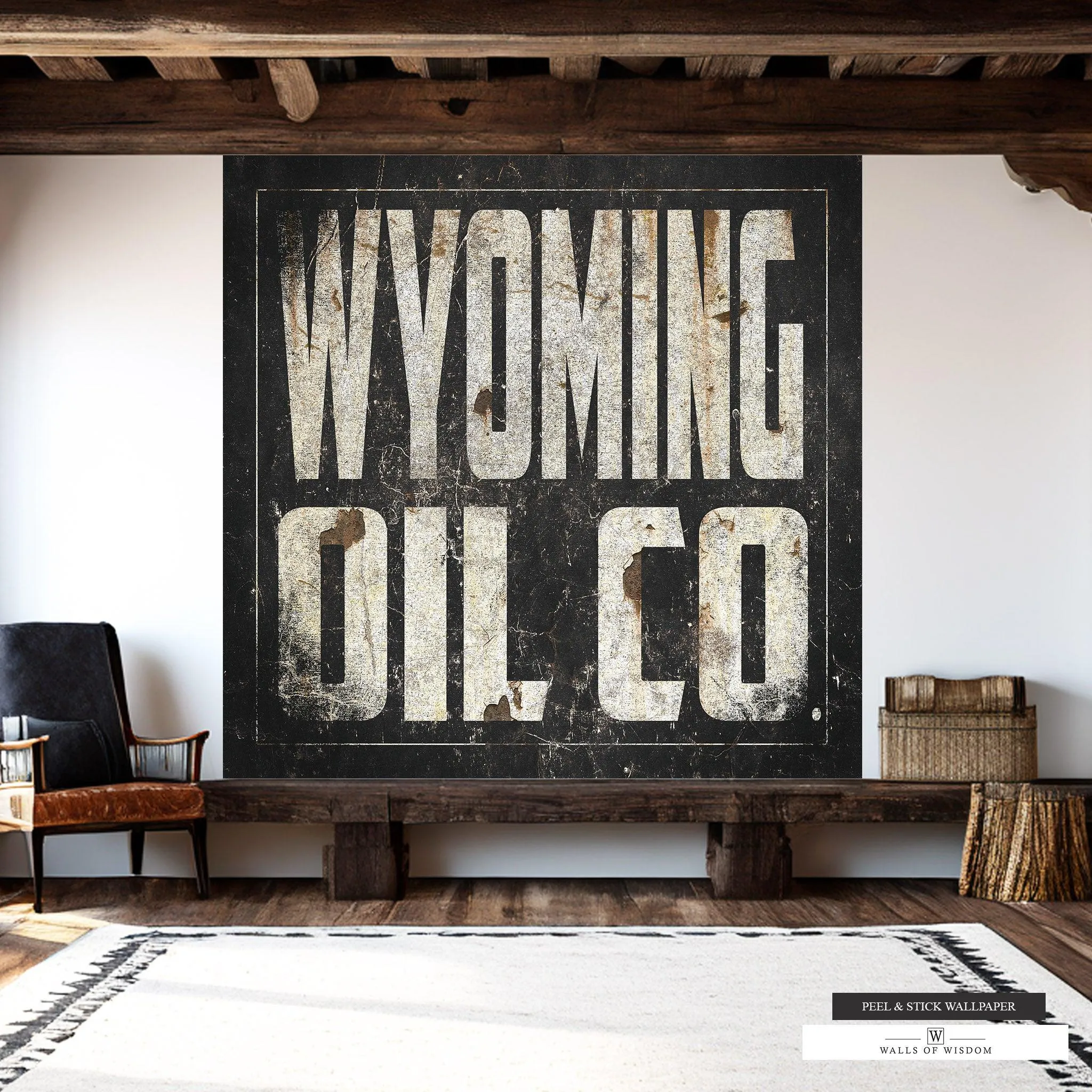 Vintage Wyoming Oil Co Wall Mural – Rustic Charm, Industrial Elegance, Peel and Stick