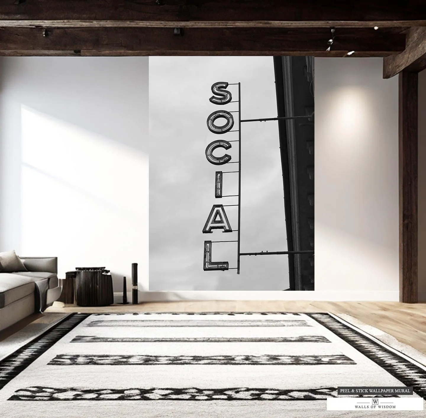 Western Bar 'Social' Sign Mural - Modern Black & White Peel & Stick Wallpaper