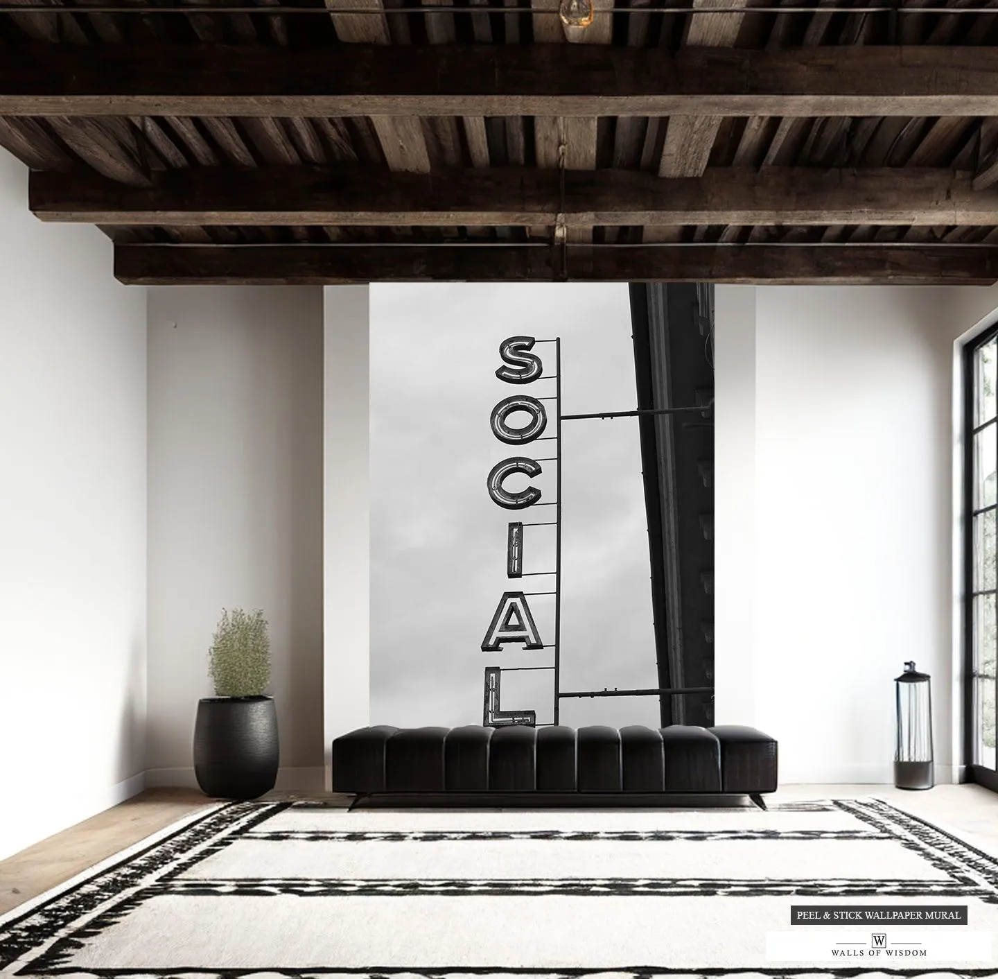 Western Bar 'Social' Sign Mural - Modern Black & White Peel & Stick Wallpaper