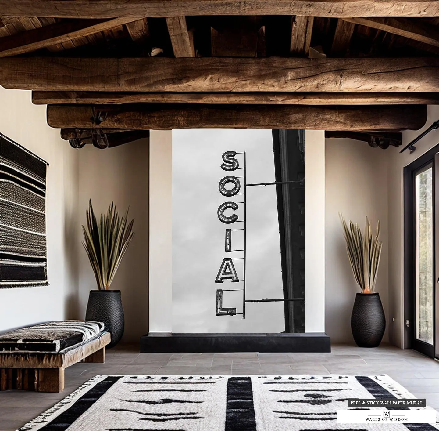 Western Bar 'Social' Sign Mural - Modern Black & White Peel & Stick Wallpaper