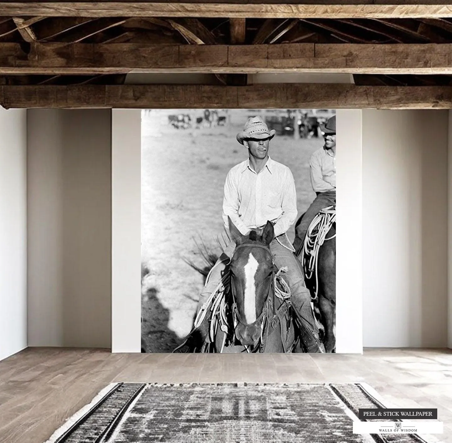 Western Cowboy Print Wallpaper Mural -  Smoking Cowboy Horse Peel and Stick