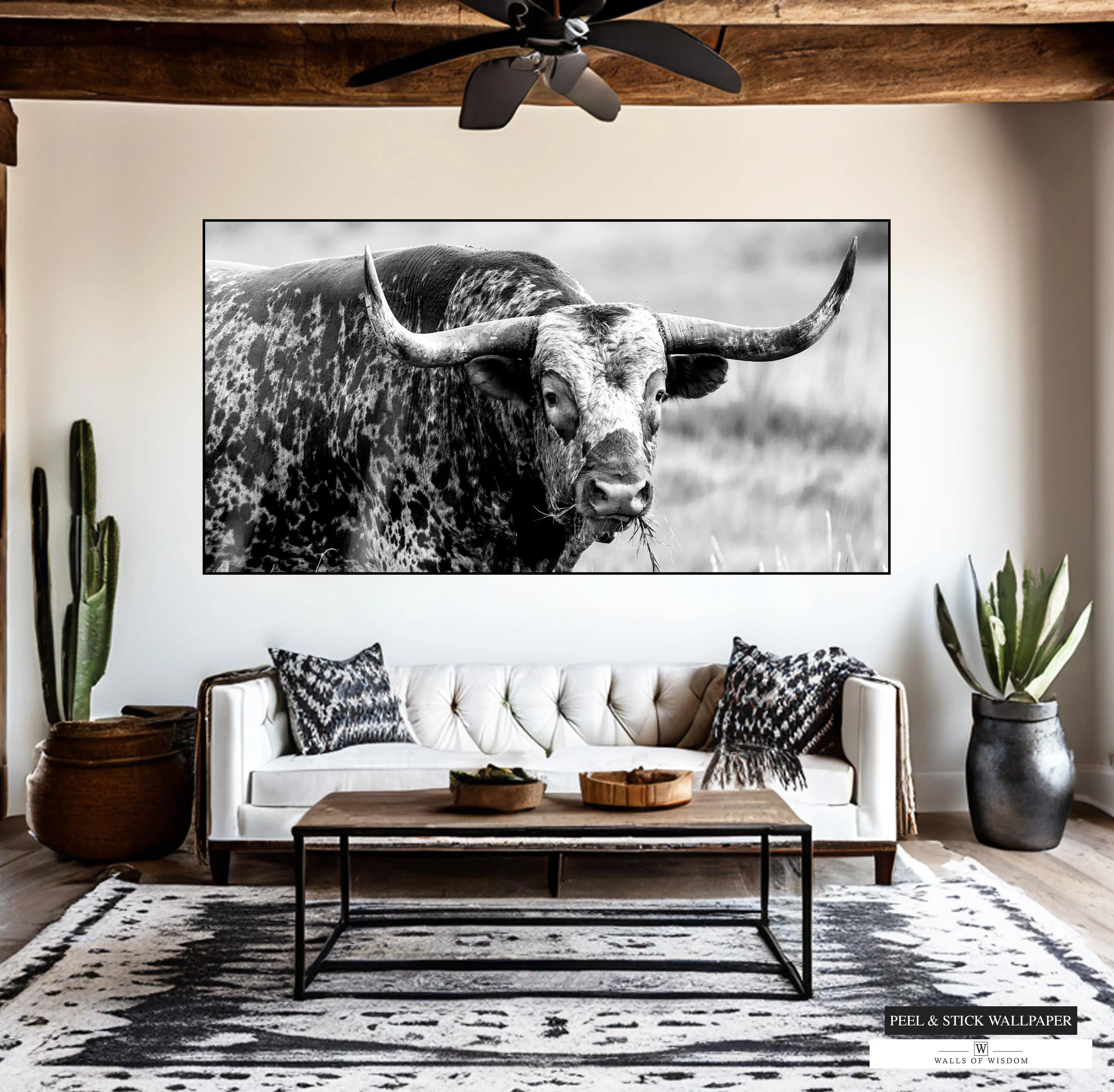 Western Longhorn Wallpaper - Texas Longhorn Wall Art Mural Peel and Stick